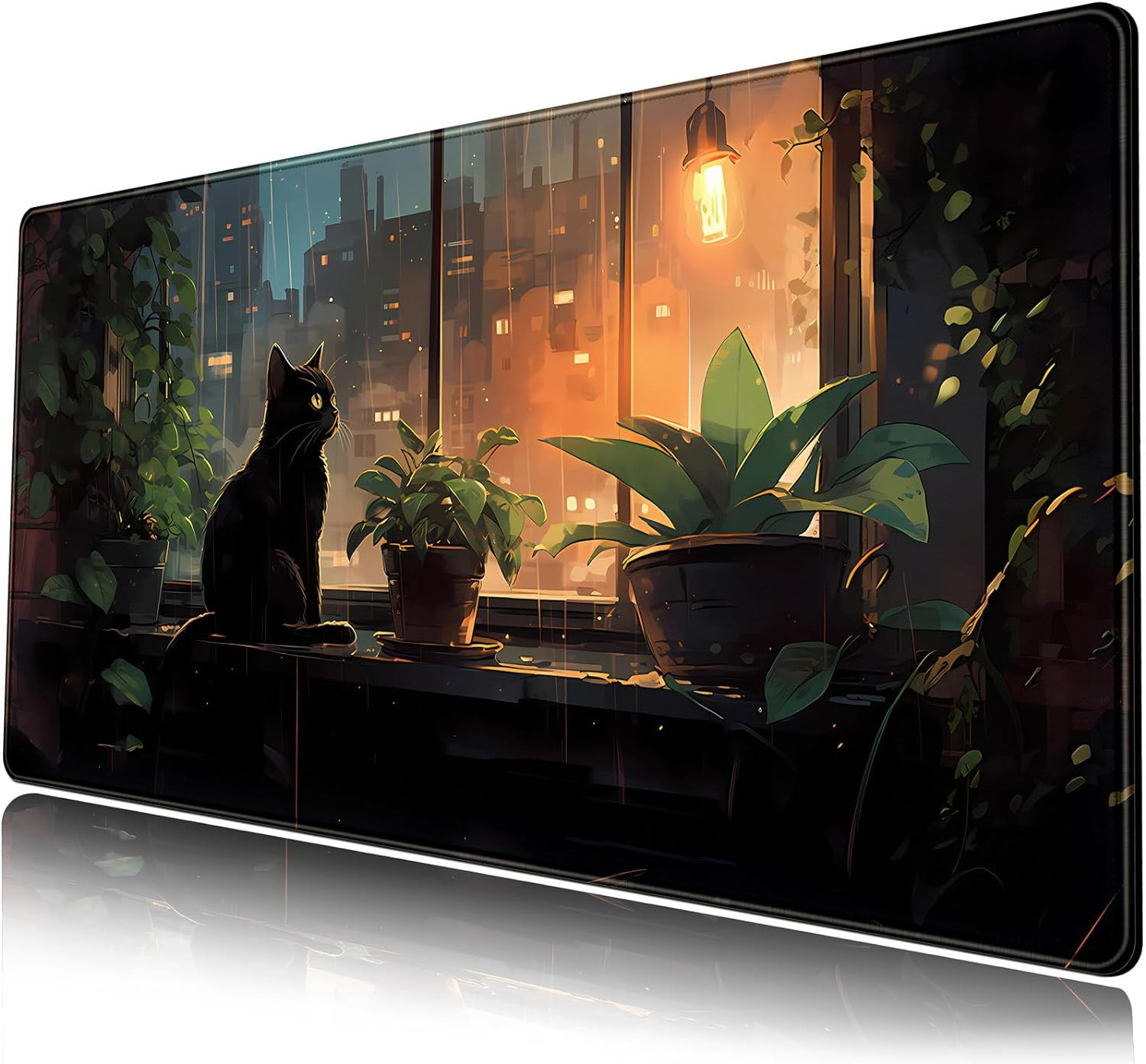 Black Cat Desk Mat Green Plants Desk Pad Anime Large Gaming Mouse Pad XL Full De