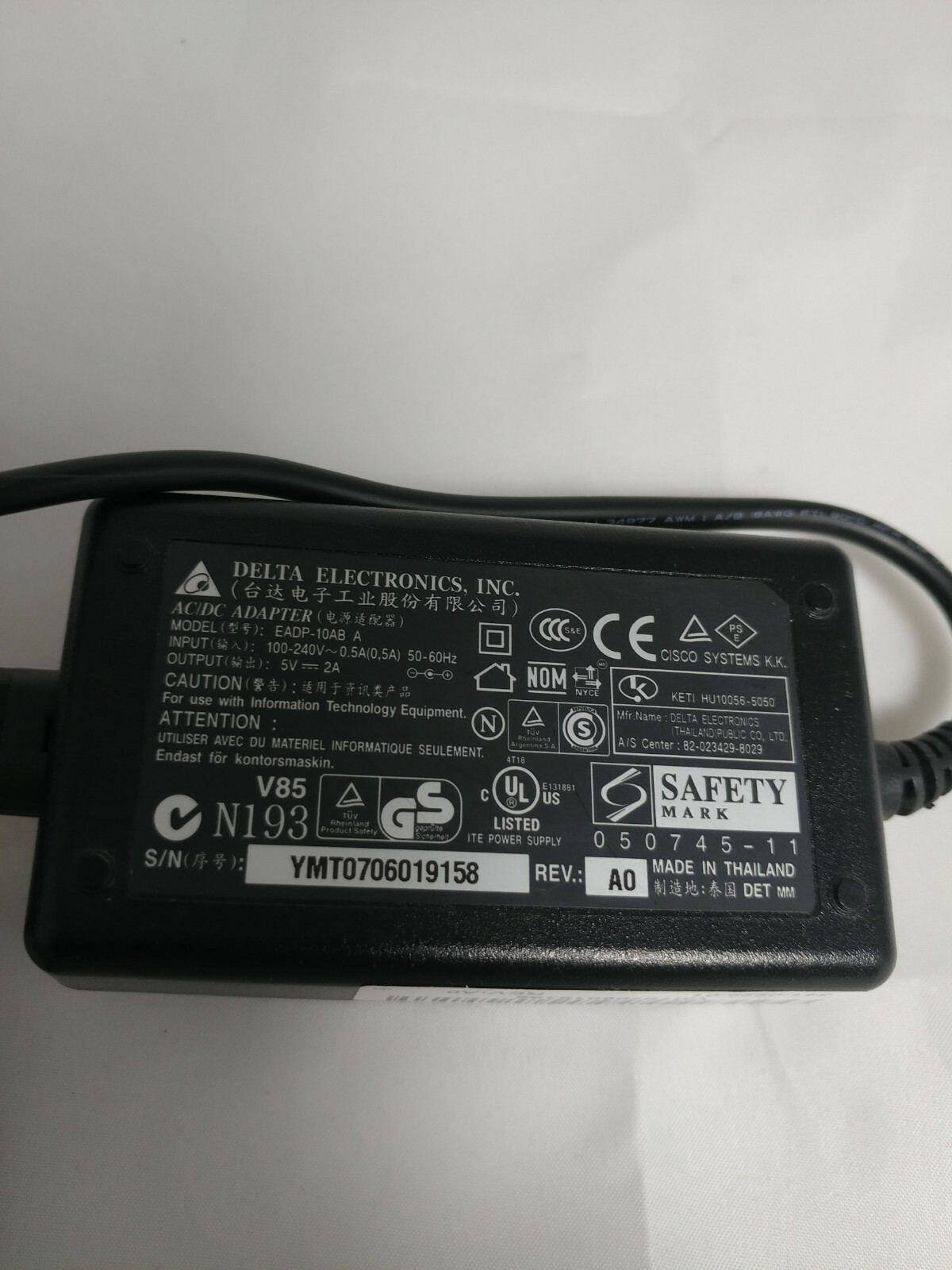 DELTA ELECTRONICS EADP-10AB A AC/DC POWER SUPPLY ADAPTER 5V 2.0A