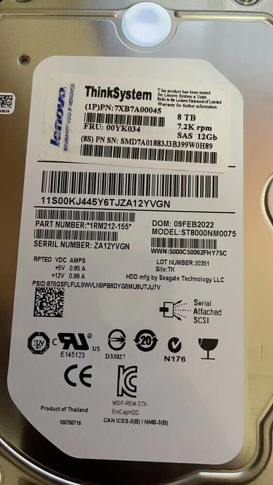 NEW Lenovo/IBM 00YK034 7XB7A00045 3.5 in 8TB 7.2K SAS 12G SR550 SR650 Hard Driv