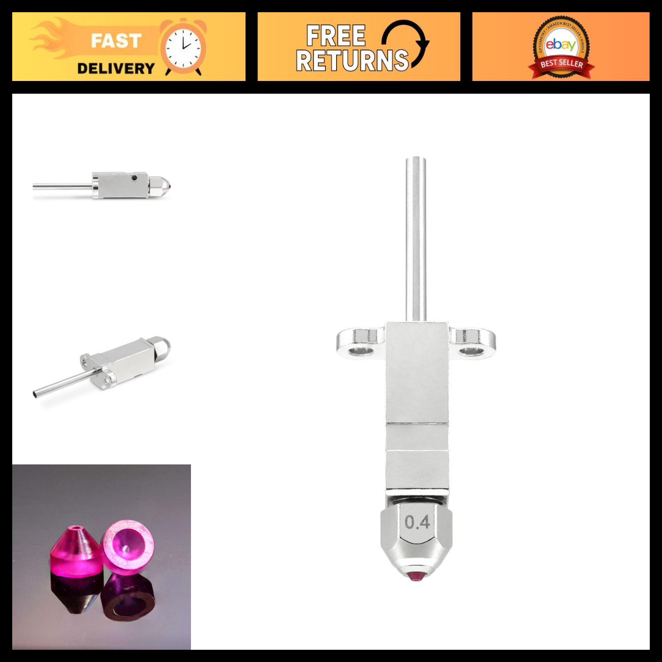 0.4mm Ruby Nozzle Kit for 3D Printers, Hardened & Abrasion Resistant, High Preci
