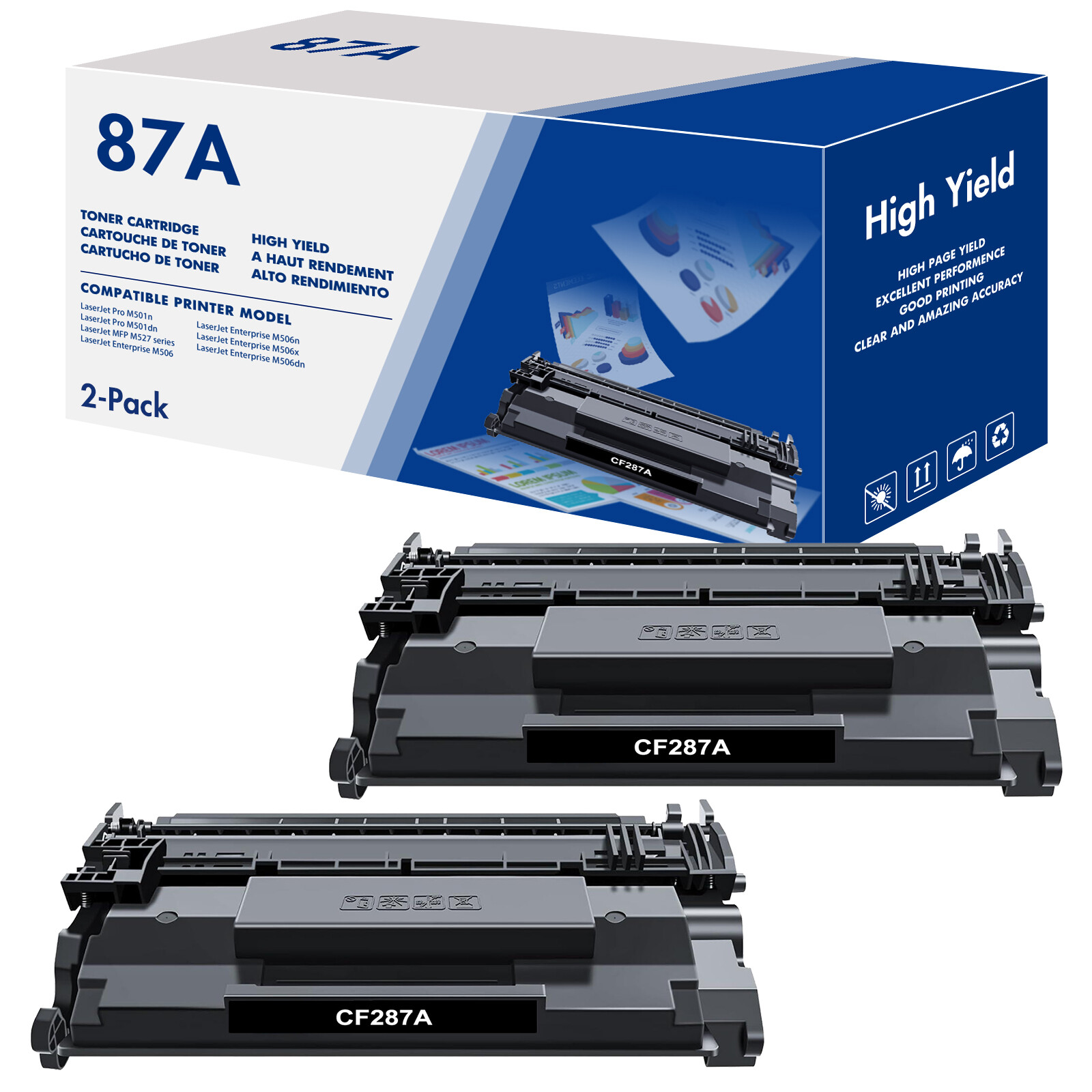 2 PK CF287A 87A Premium Toner Cartridge for HP Laserjet Pro M506 MFP M527 M501dn