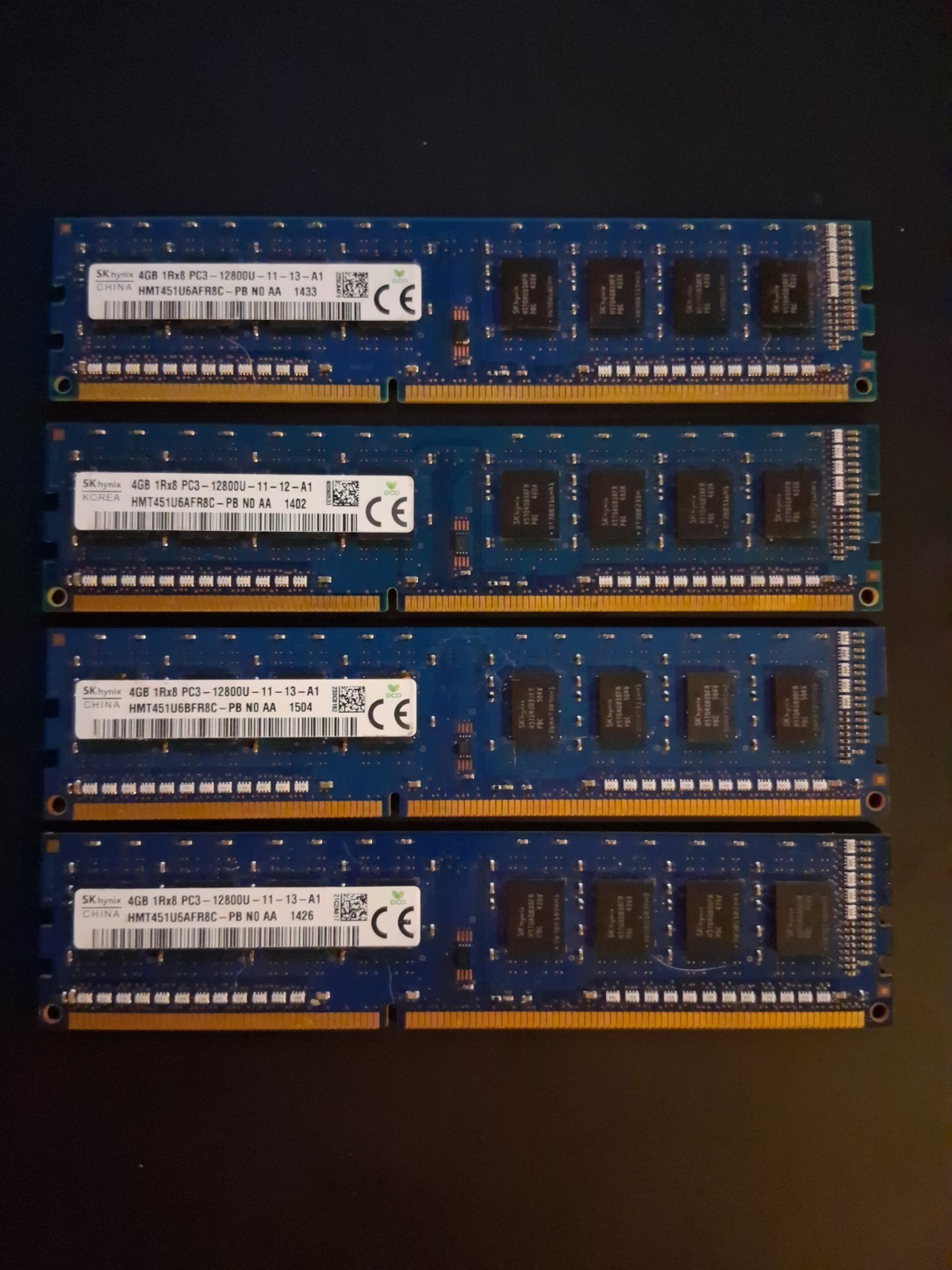 16GB (4x4GB) SK Hynix Desktop RAM HMT451U6AFR8C-PB 1Rx8 PC3 DDR3 - Untested