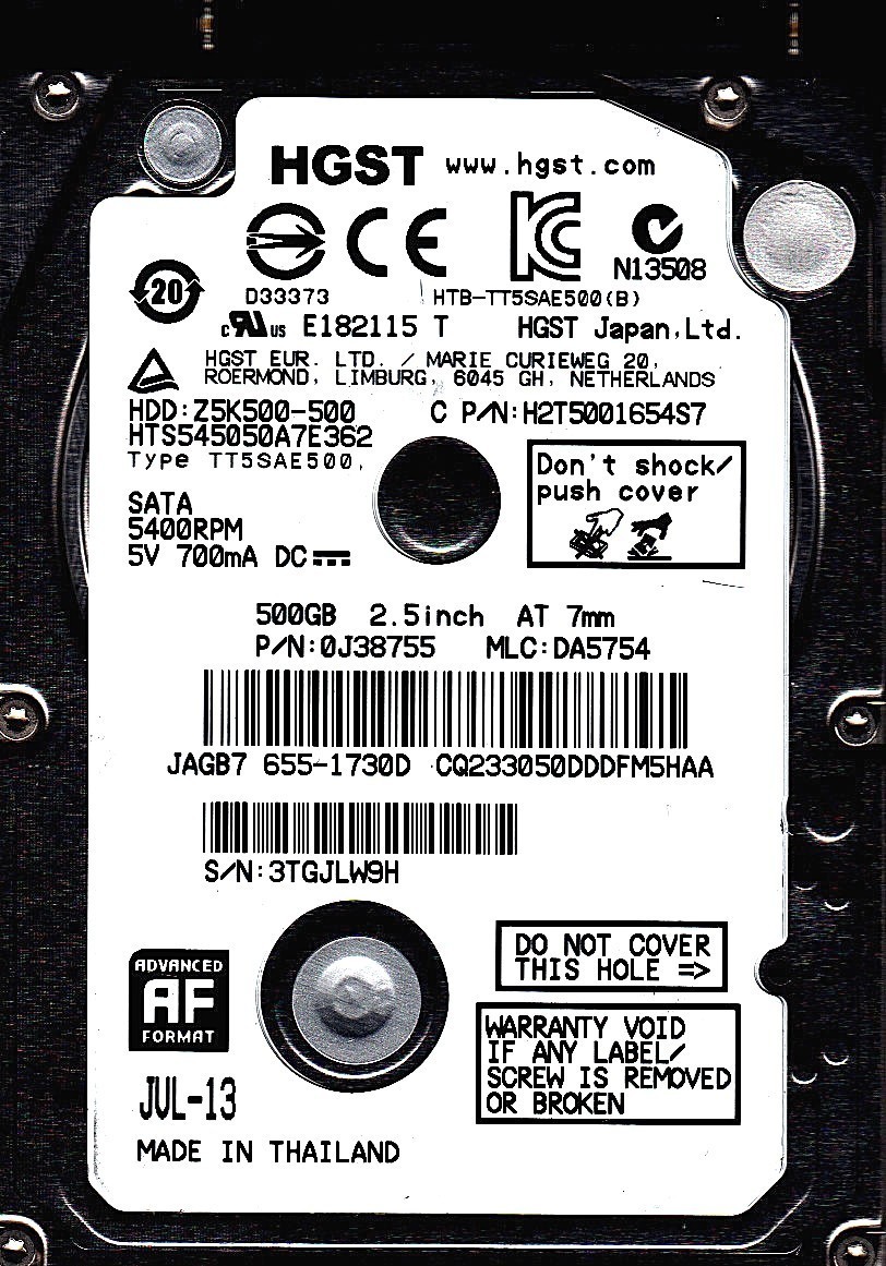 HTS545050A7E362 pn: 0J38755 mlc: DA5754 AUG-13 500GB 2.5 SATA GENUINE HGST-Apple
