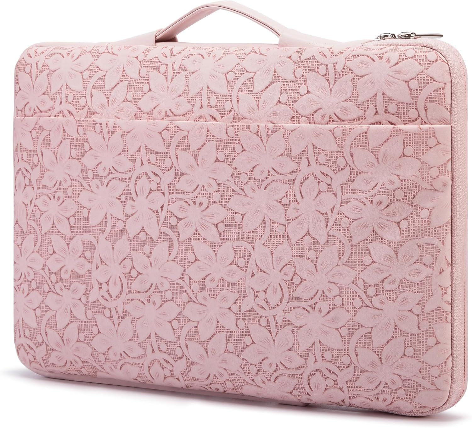 Kinmac Embossed PU Leather 360° Heavy Duty Protective Laptop Sleeve, Pink Flower