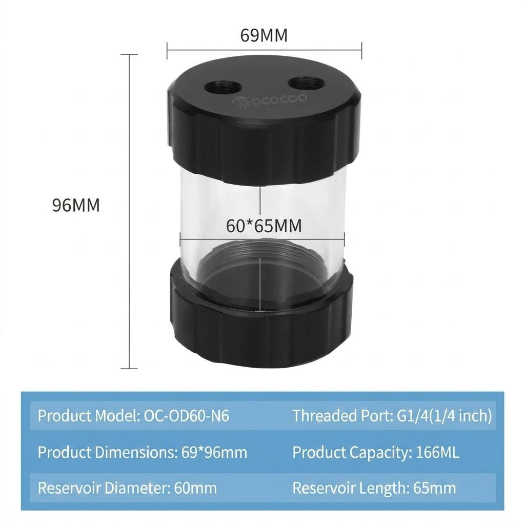 OCOCOO 60mm Wide Reservoir for PC Water Cooling G1/4 Cylinder Acrylic Tank Filte