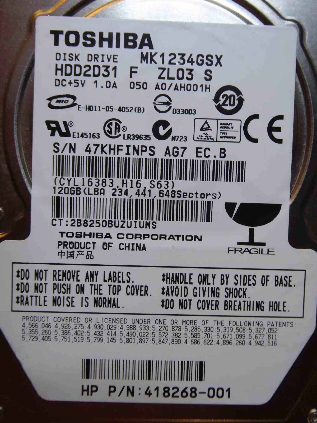 Toshiba MK1234GSX HDD2D31 F ZL03 | 050 A0 / AH001H | 120GB #04