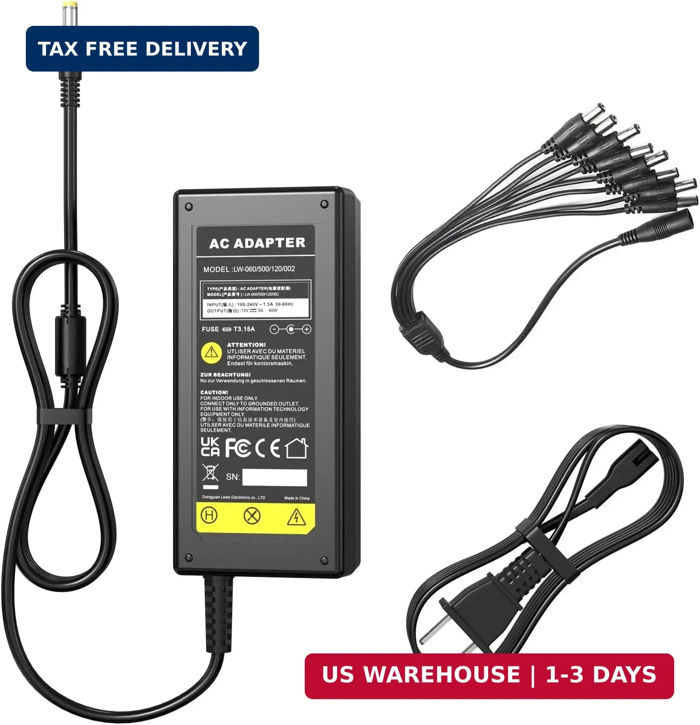 DC 12V 5A Power Supply Adapter with 8 Splitter Power Cable for Security Camera C