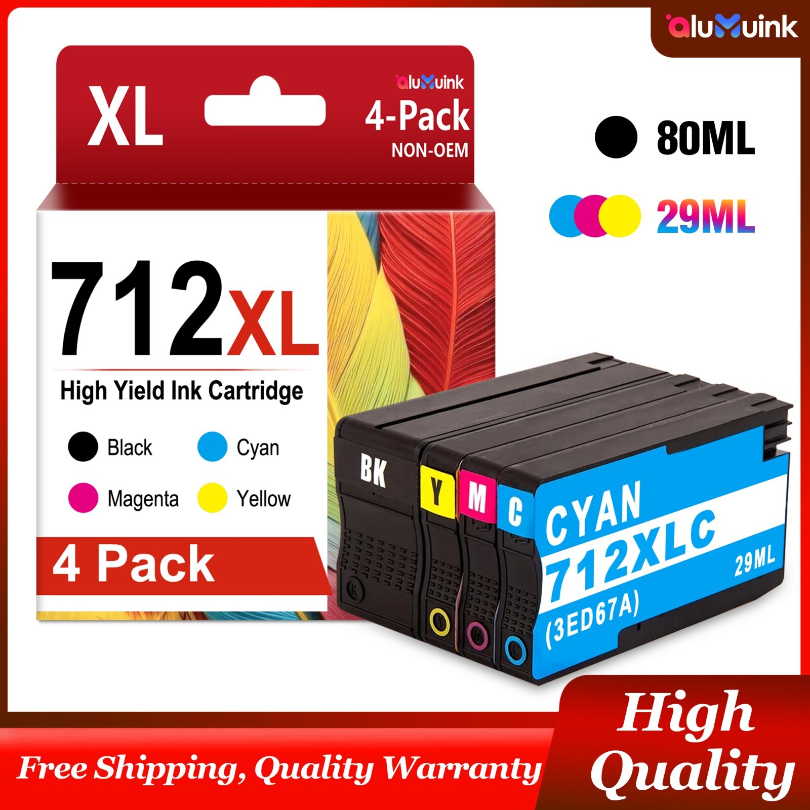 712XL 4-Pack Ink (80ml Black, 29ml Color) for HP DesignJet Studio 24-in