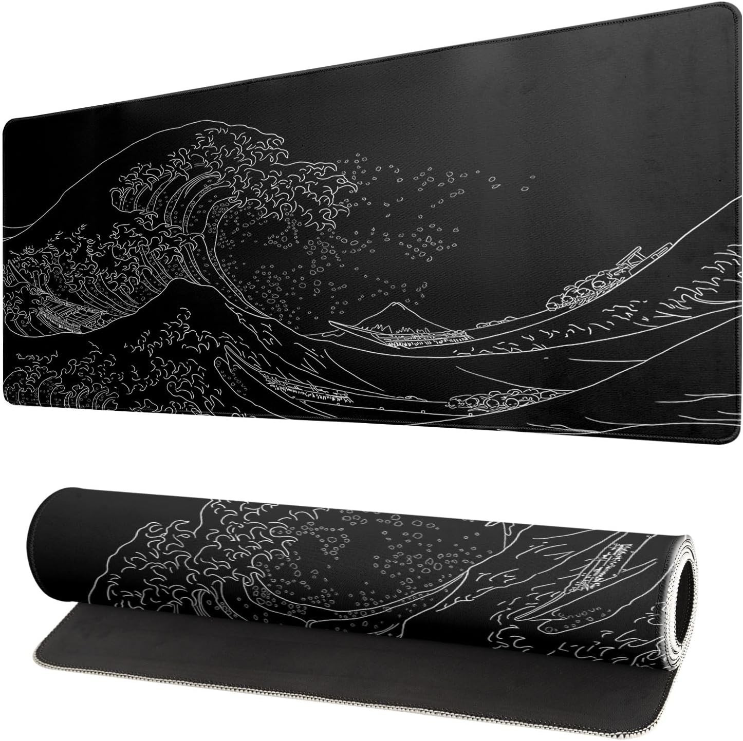 Japanese Sea Wave Large Mouse Pad, Extended X-Large, Black of Kanagawa 
