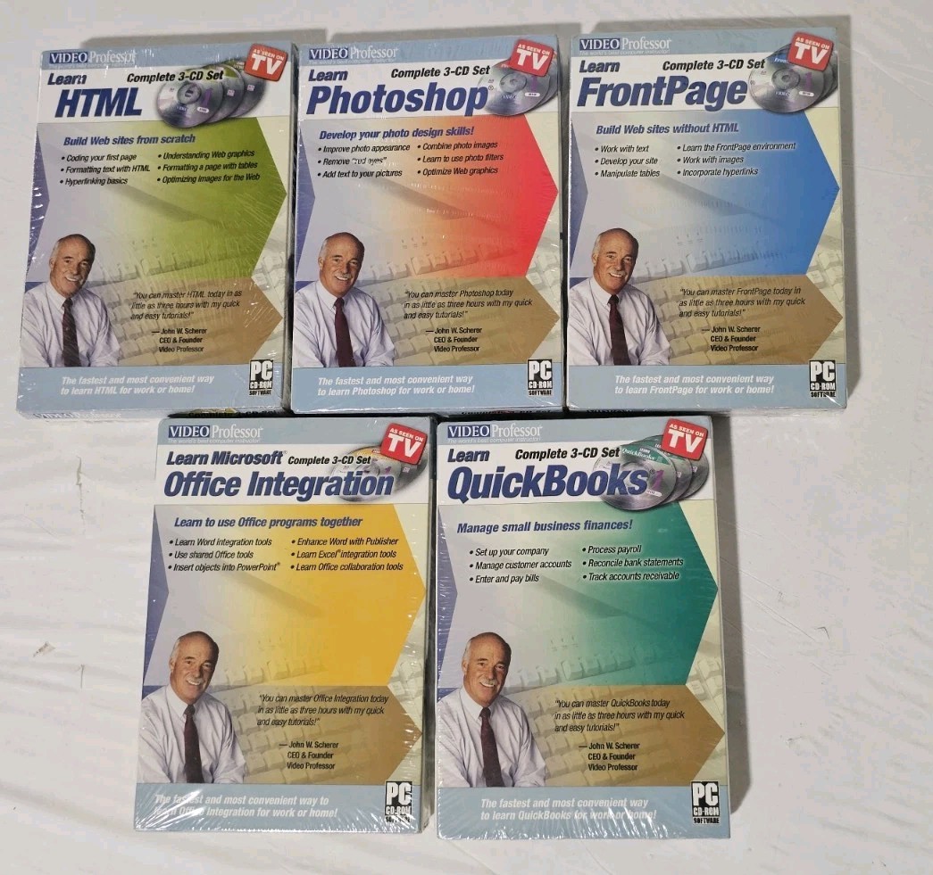 New Sealed Video Professor Software Lot of 5  3-CD Sets HTML Photoshop Quickbook