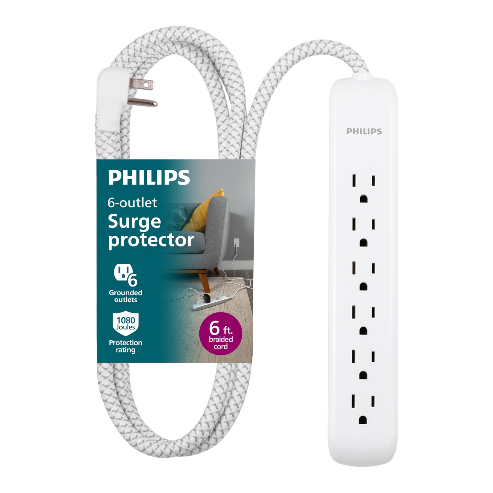 Philips Power Strip 6 Outlets Surge Protector 6ft Braided Cord SPC3054WA/37