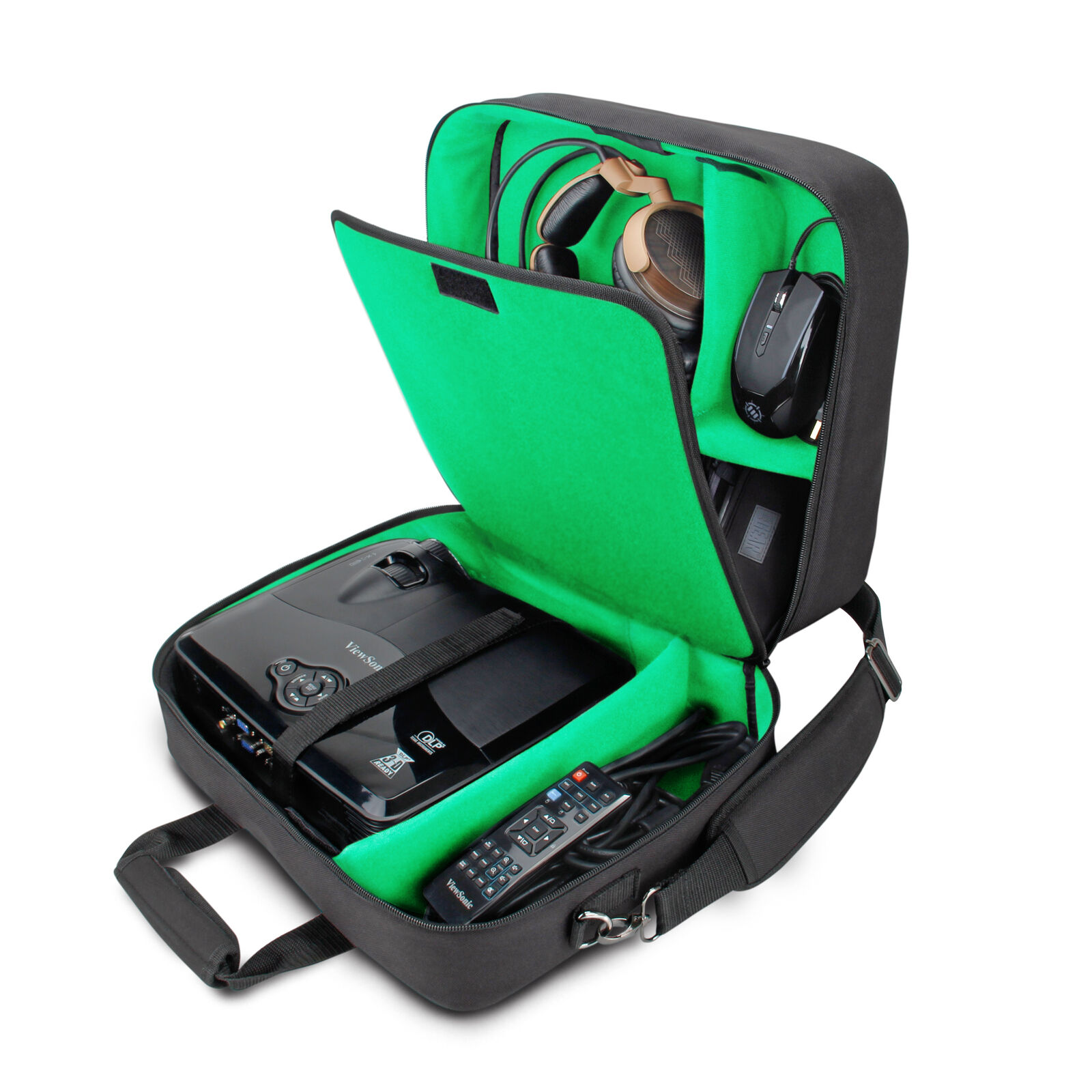 Projector Case with Shoulder Strap, Extra Storage & Custom Dividers (Green)