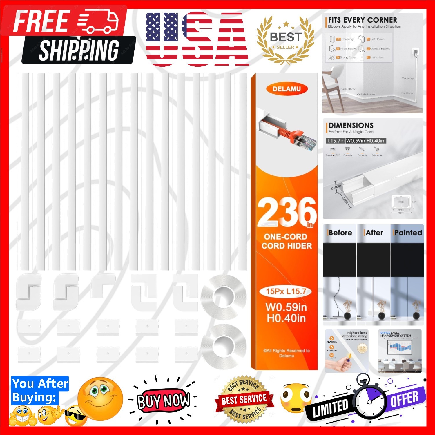 236in Cord Hider, One-Wire Cord Covers for Wires on Wall, Easy-to-Install Cab...