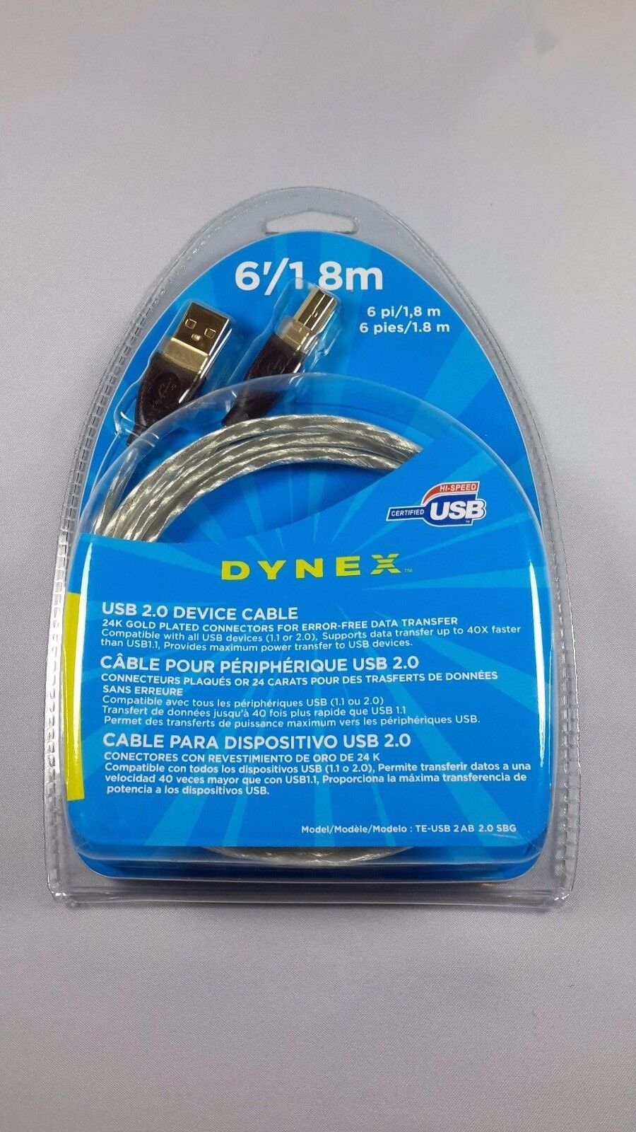 Dynex 6' USB 2.0 Device Cable A male to B male new 24K gold plated connectors