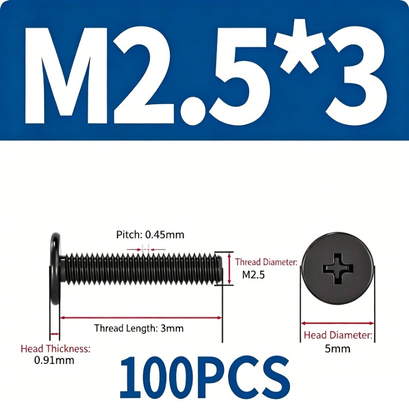 100pcs M2.5x3mm Black Phillip Wafer Flat Head Machine Screw Bolt Laptop Notebook