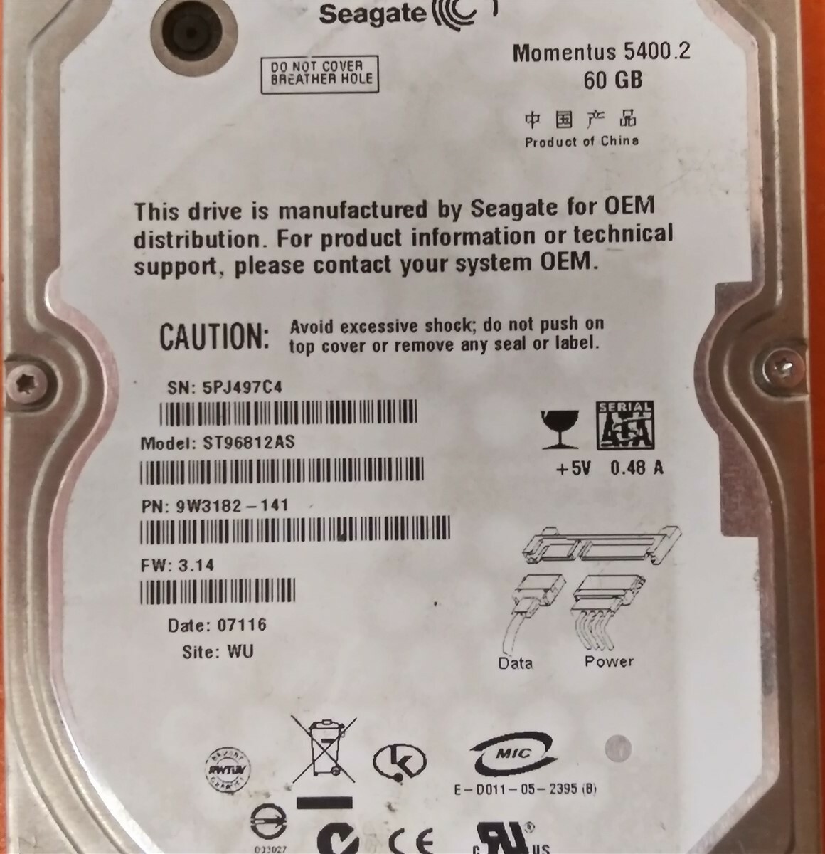⭐️⭐️⭐️⭐️⭐️ HDD Hard Drive SATA Laptop 2.5" Seagate ST96812AS 60GB FW: 3.14
