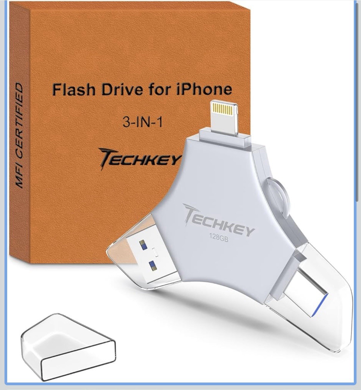 Techkey MFi Certified USB 3.0 Flash Drive 128GB for iPhone Storage Silver A7