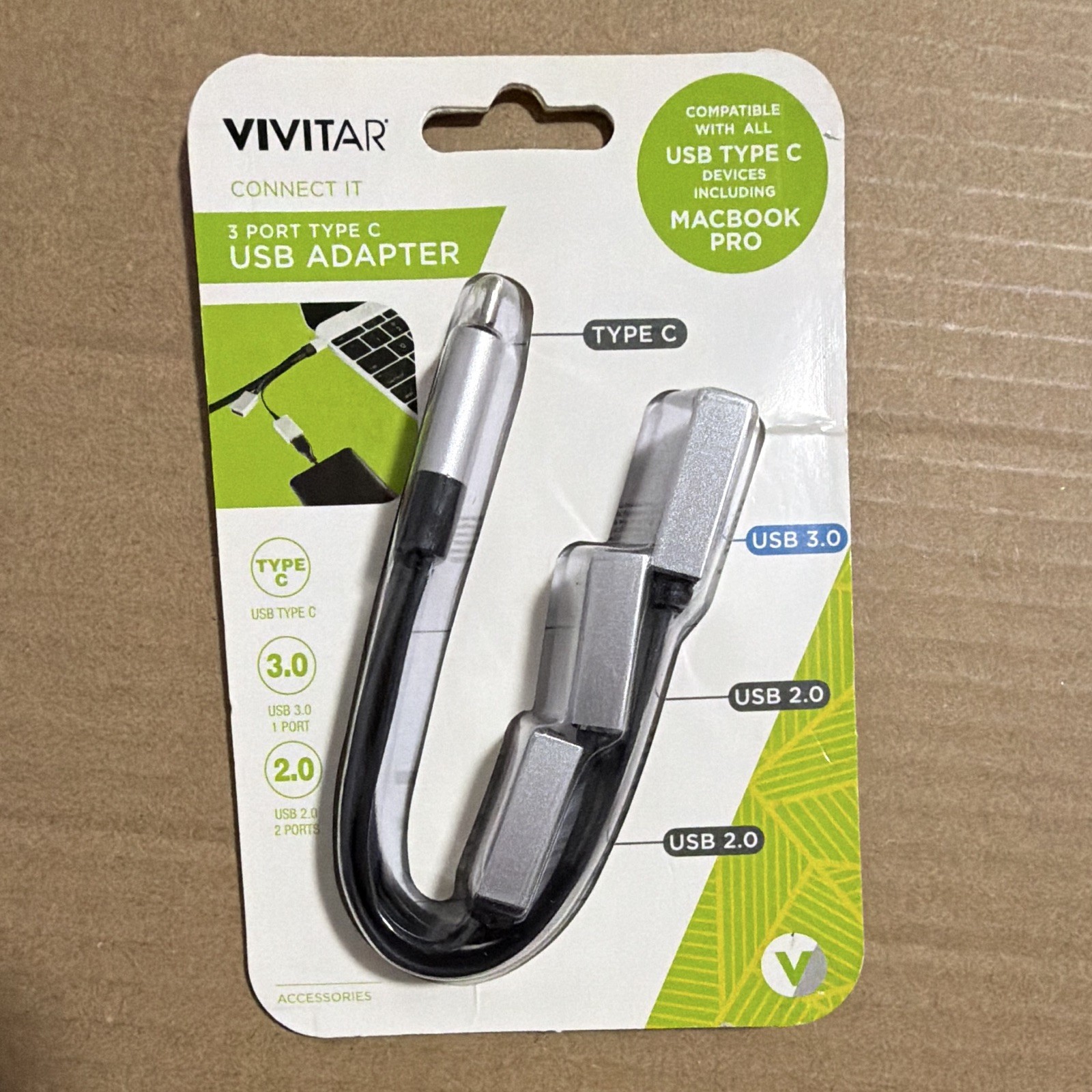 Vivitar Portable USB-C 3-Port Adapter to USB 3.0/2.0 Black/Silver MacBook 