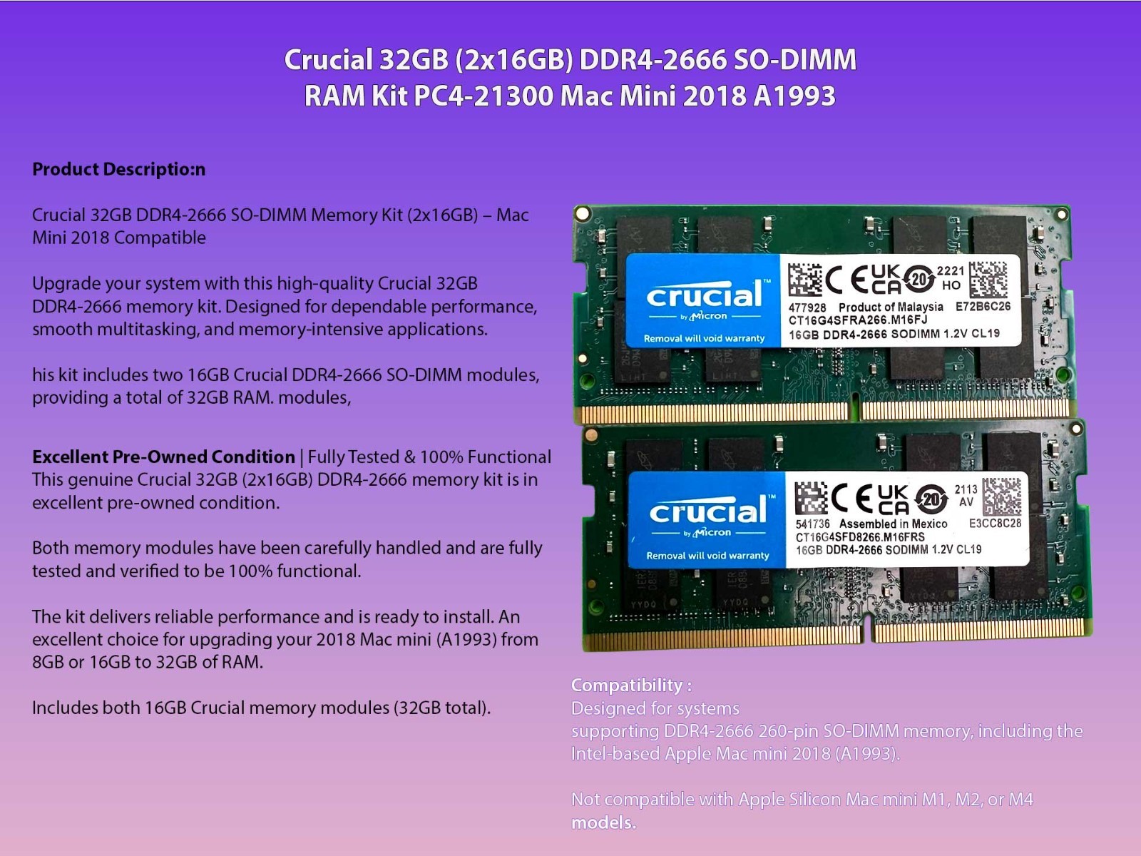 Crucial 32GB (2x16GB) DDR4-2666 SO-DIMM RAM Kit PC4-21300 Mac Mini 2018 A1993