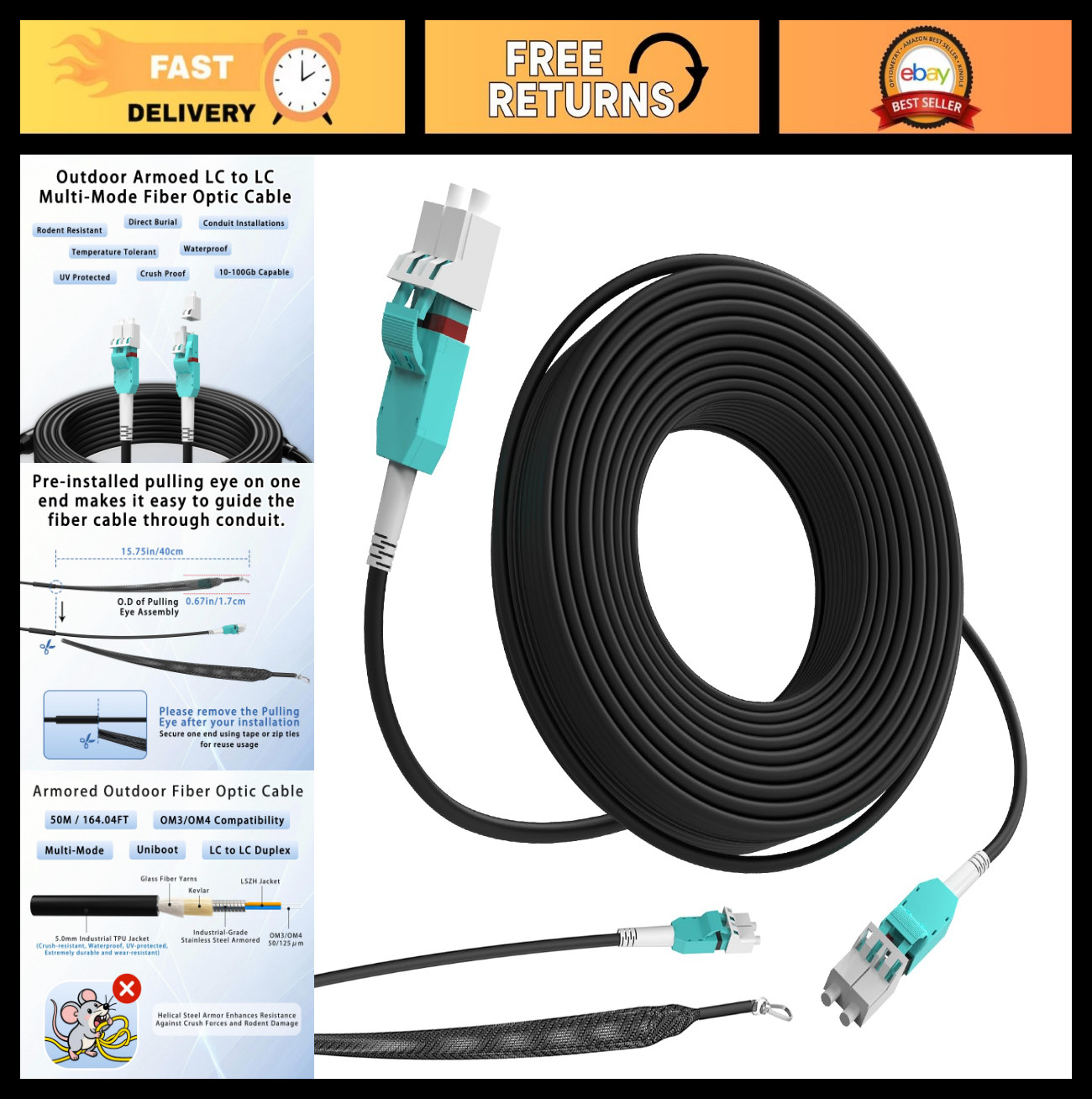 50M 165FT Outdoor Armored Fiber Optic Patch Cable LC to LC, Multimode Duplex 10G