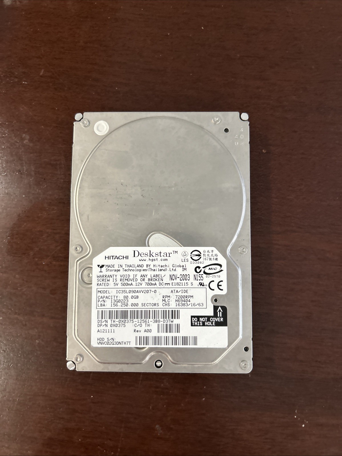 Vintage Hitachi Deskstar IC35L090AVV207-0 3.5" IDE 80GB Hard Drive - Used