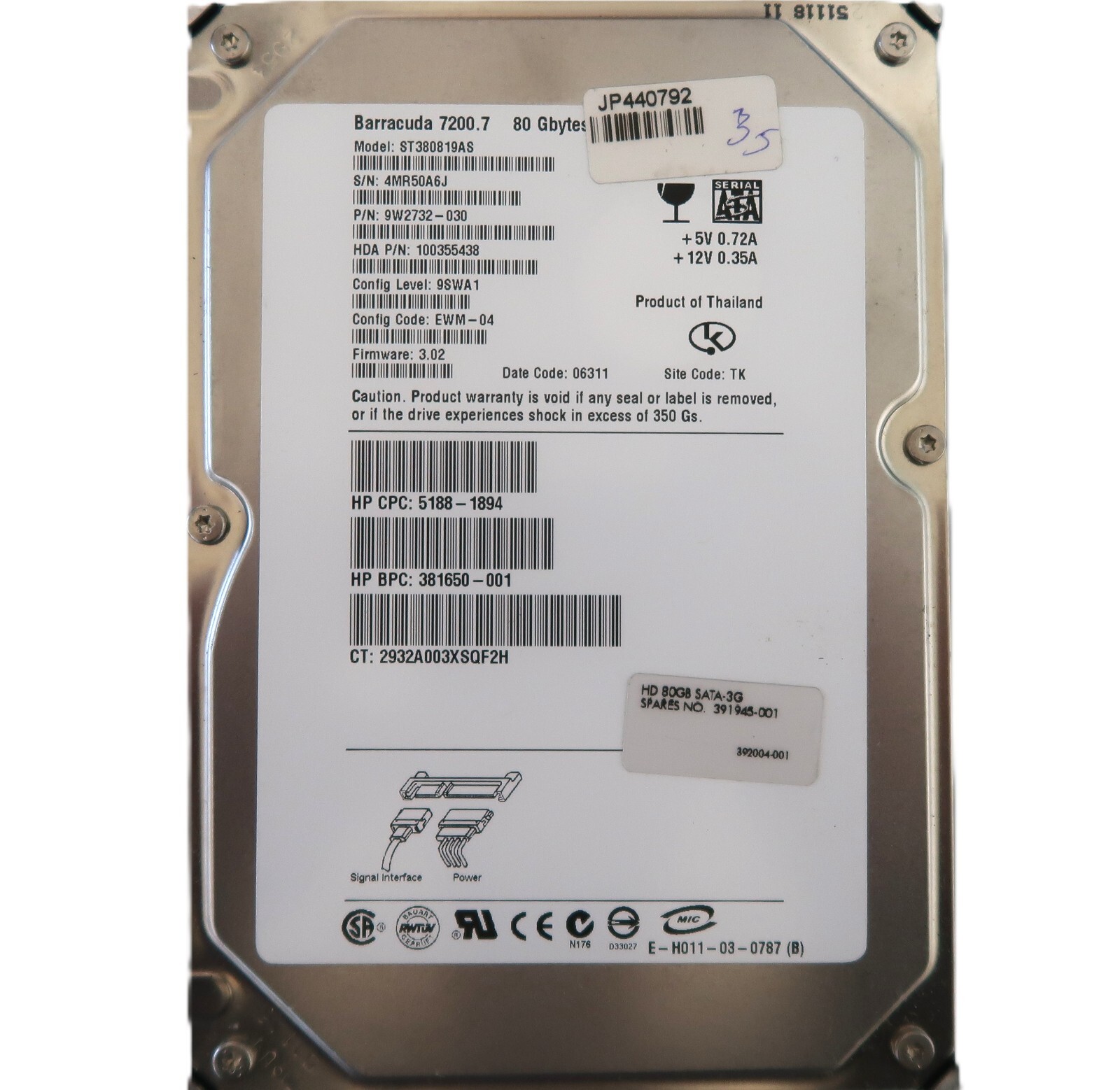 Seagate ST380819AS 9W2732-030 100355438 9SWA1 EWM-04 3.02 TK 3.5" 80gb 06311