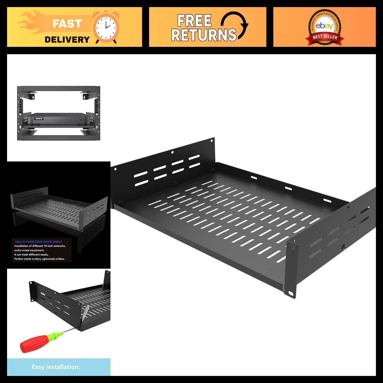 Universal 2U 19" Vented Rack Mount Cantilever Shelf for Server Equipment Storage