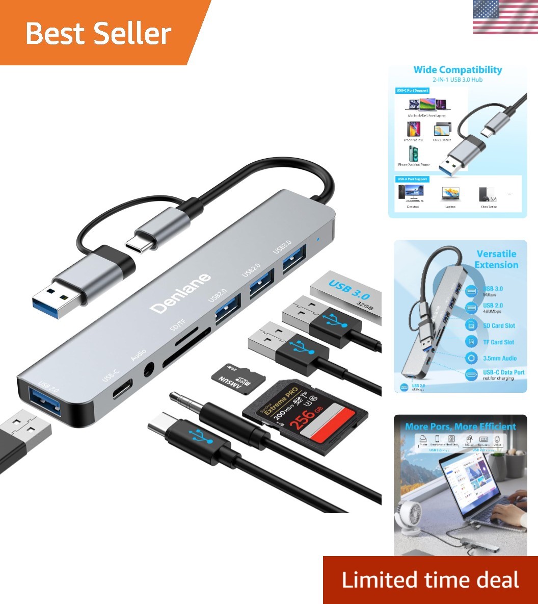 Sleek USB Hub 3.0 with 8 Ports, TF/SD Reader, and 3.5mm Adapter - Travel-Ready