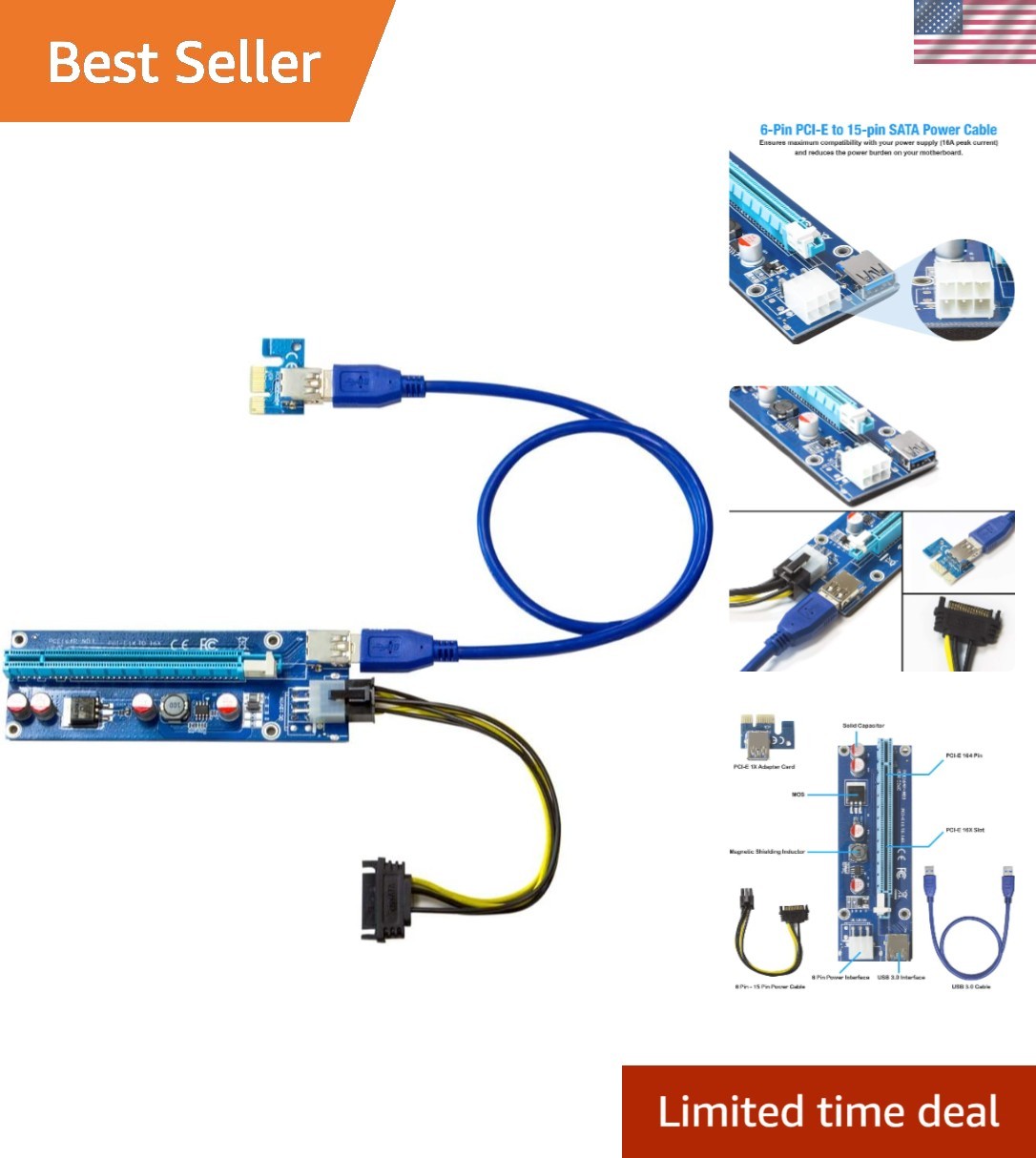 High-Performance PCIe Riser Card for Bitcoin & Ethereum Mining - 6-Pin Included