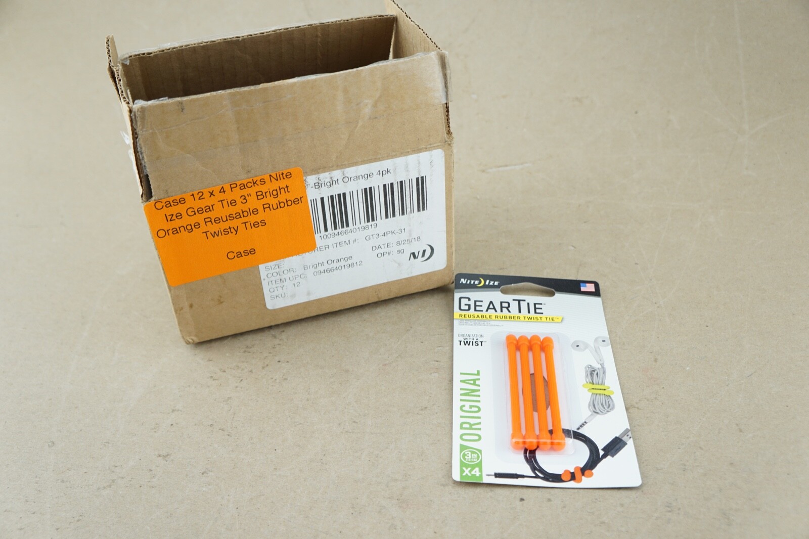 Case 12 x 4 Packs Nite Ize Gear Tie 3" Bright Orange Reusable Rubber Twisty Ties