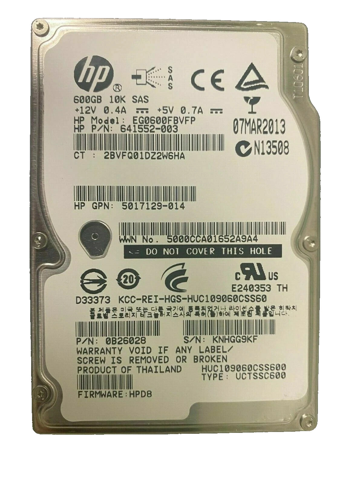 HP EG0600FBVFP 600GB 10K 2.5" 6G SAS 641552-003 HUC109060CSS600 HDD