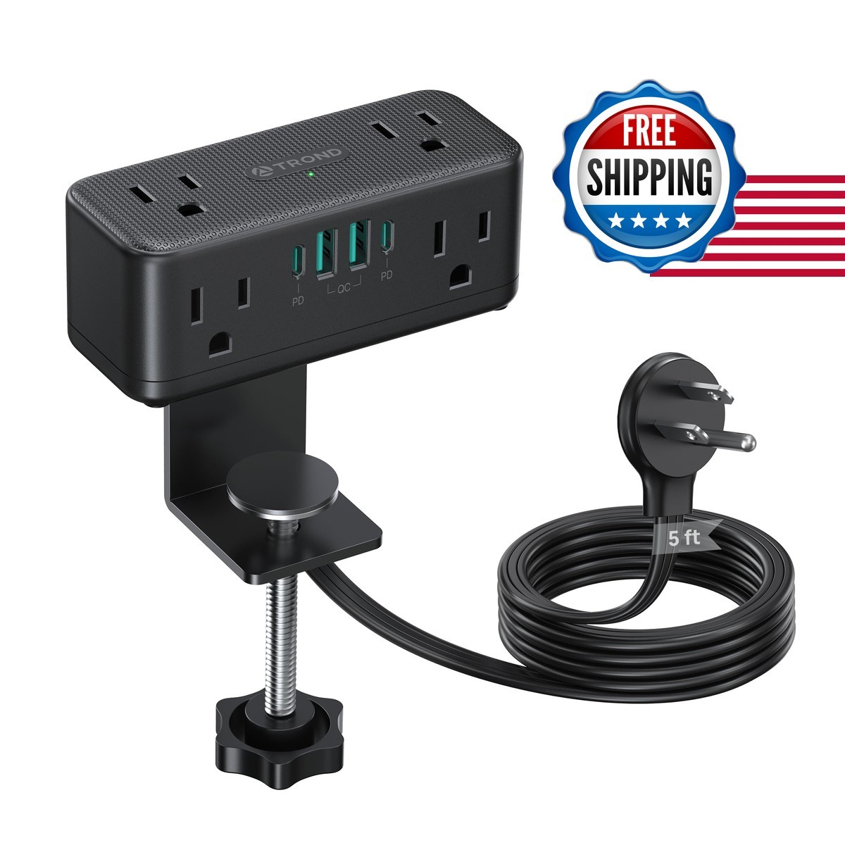 TROND Compact Desk Clamp Power Strip 5 Ft, 2.16" Tabletop Edge, Black