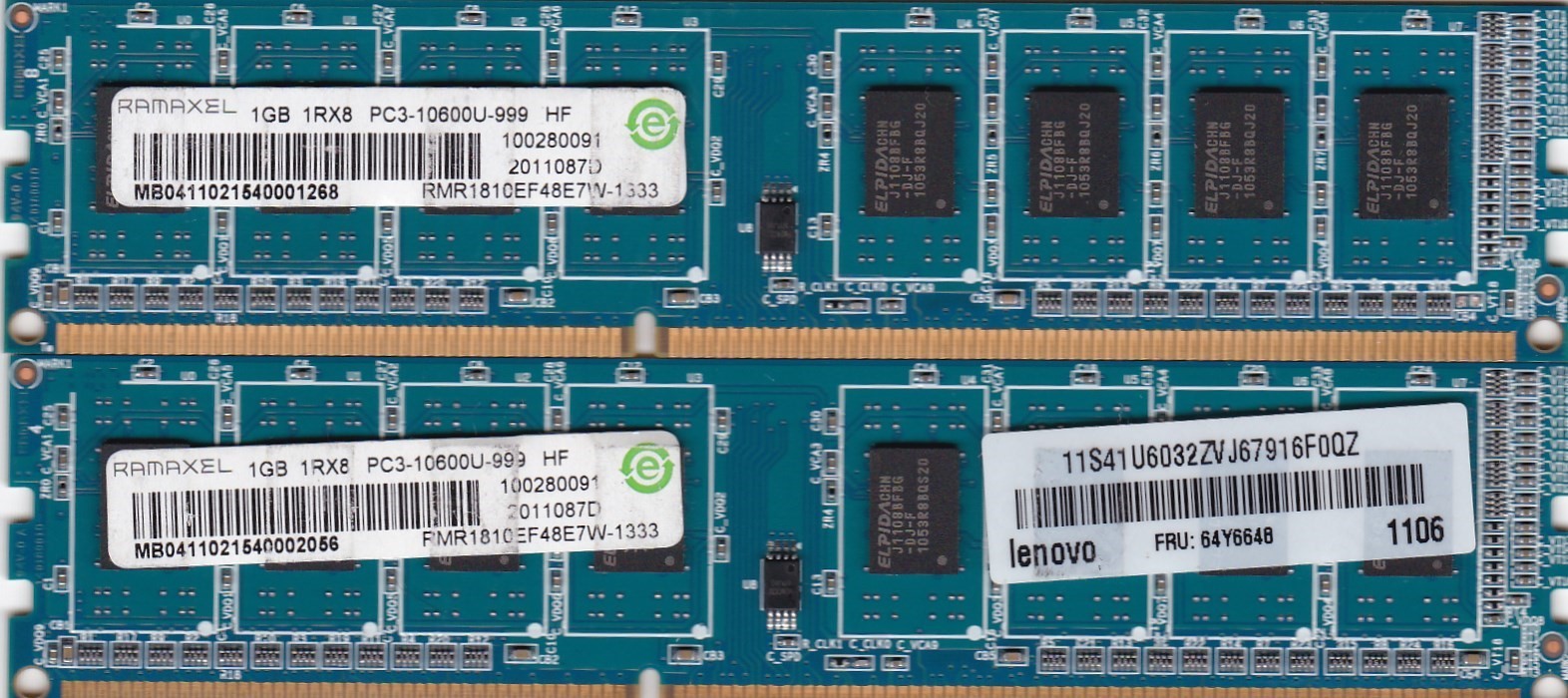 2GB 2x1GB PC3-10600 DDR3-1333 RAMAXEL Ram Kit RMR1810EF48E7W-1333 Lenovo 64Y6648