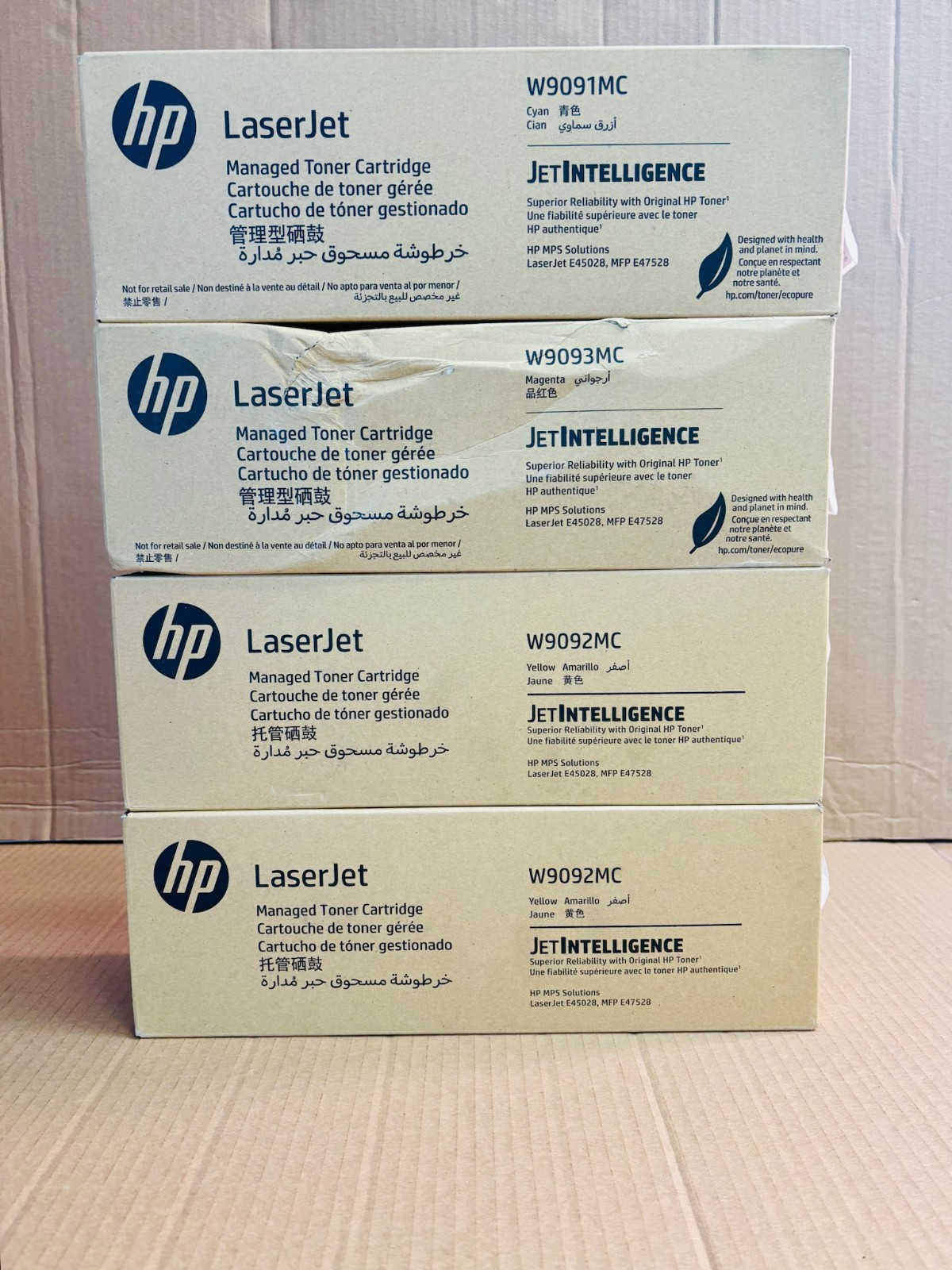 4 Genuine  HP LJ E45028, E47528 CMYYToner W9091MC,W9092MC,W9093MC (No Black)