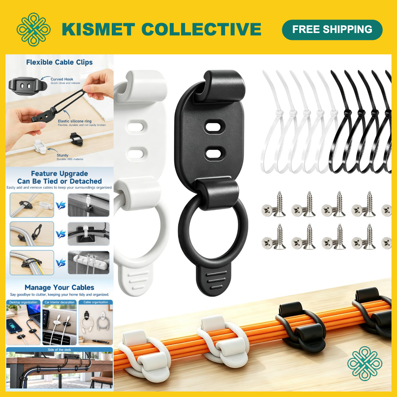 20 Sets Adjustable Cable Management Clips - Self Adhesive Cord Organizer, Reusab