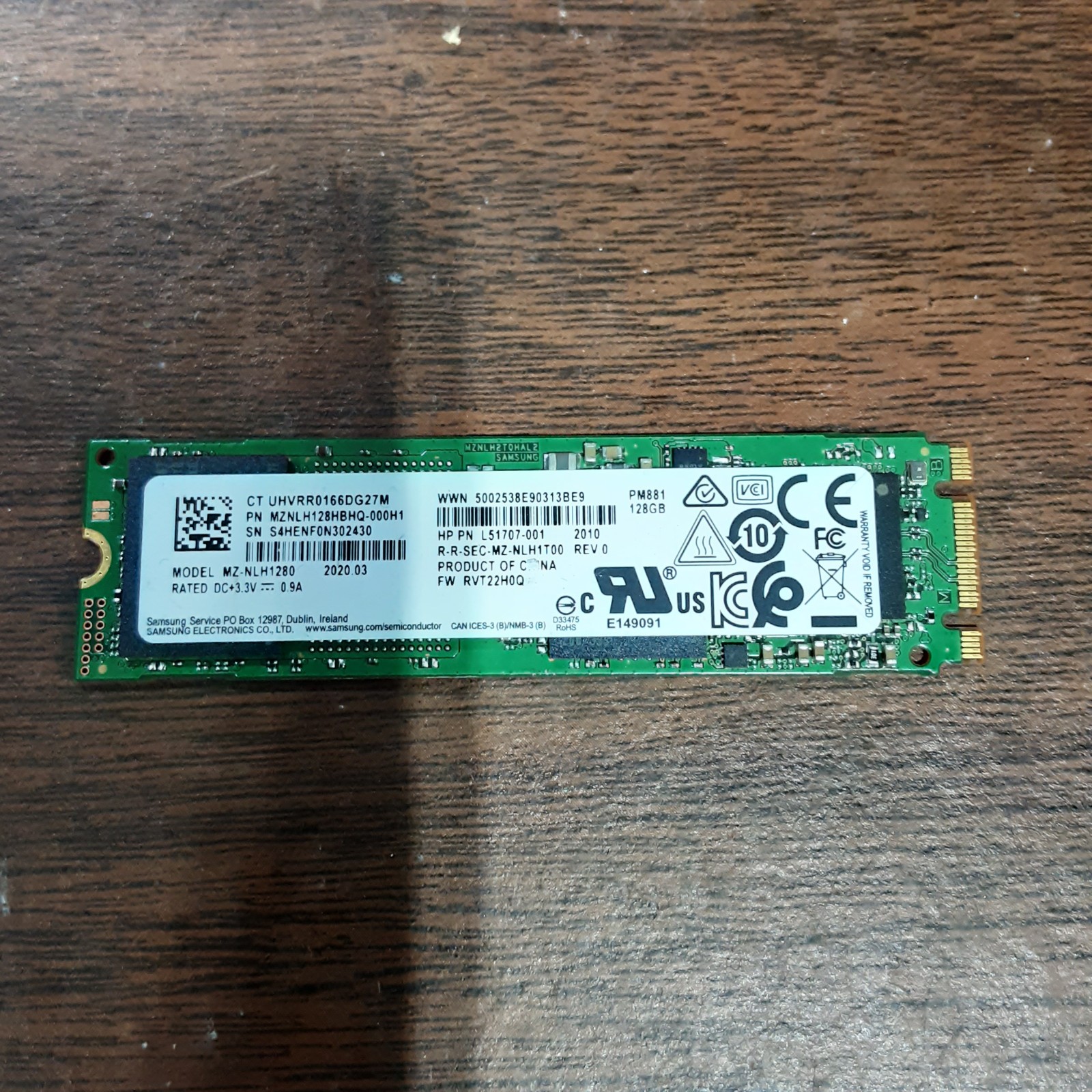HPE MZ-NLH1280 MZNLH128HBHQ L51707-001 SAMSUNG PM881 128GB SATA III SSD M.2 2280