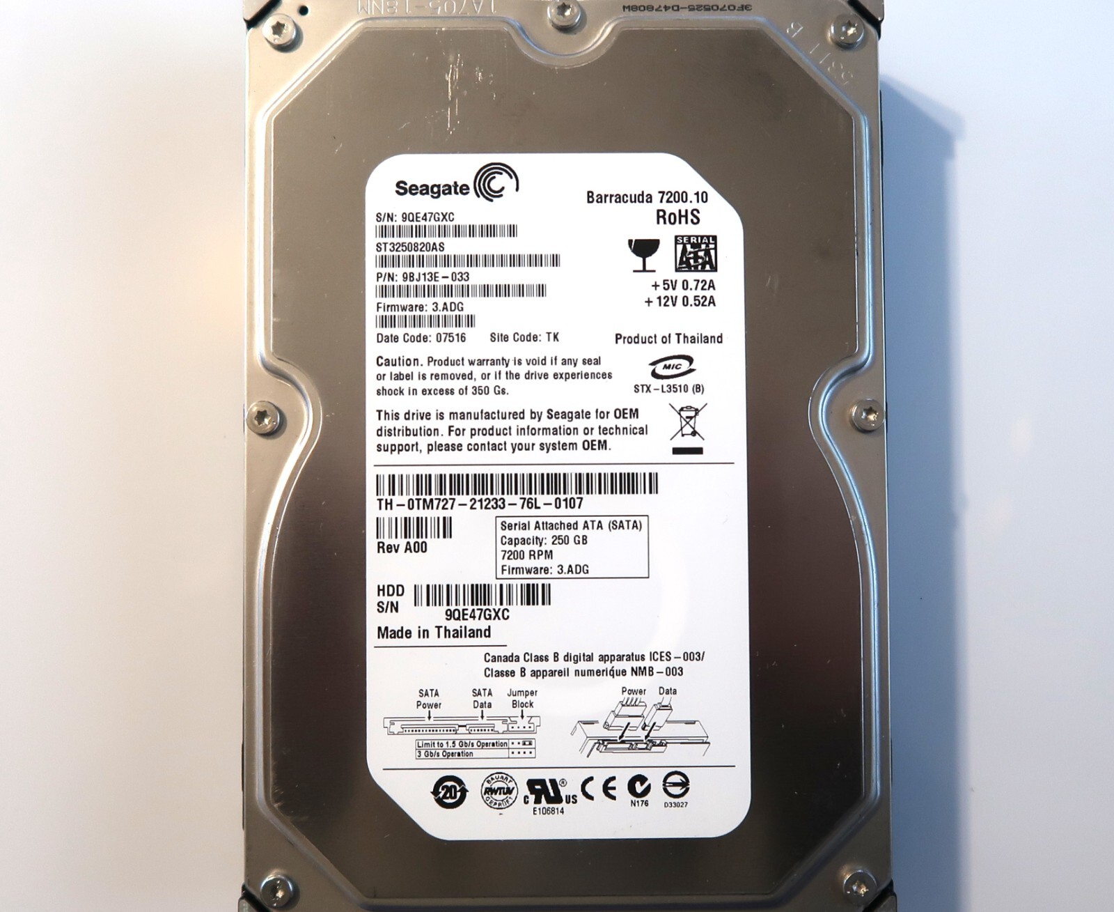 Seagate ST3250820AS 9BJ13E-033 3.ADG (9QE) TK Thailand 250gb 3.5" Sata JUN-2007