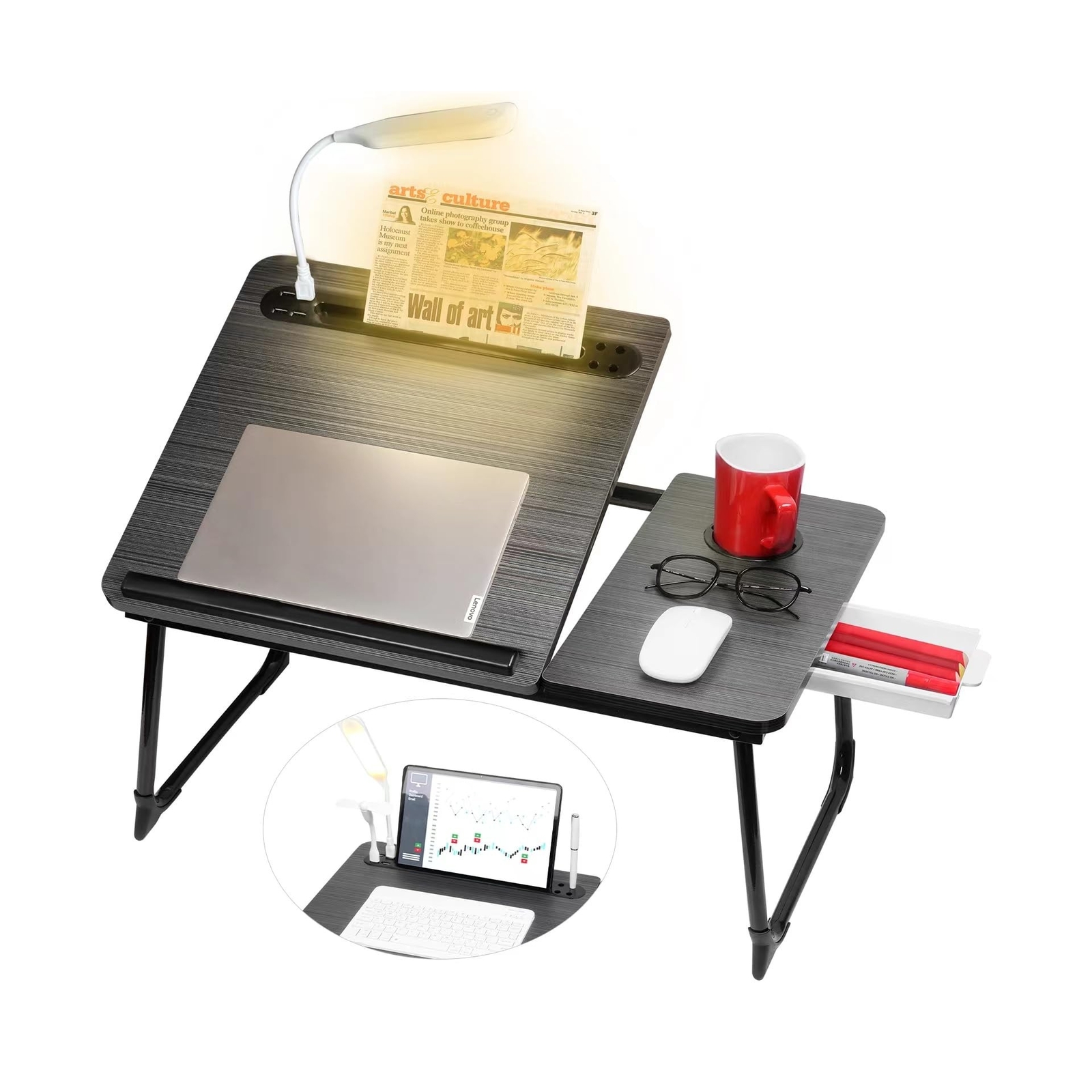 Plus XL Adjustable Laptop Desk with Light, USB Port, iPad Holder, Drawer Stor...