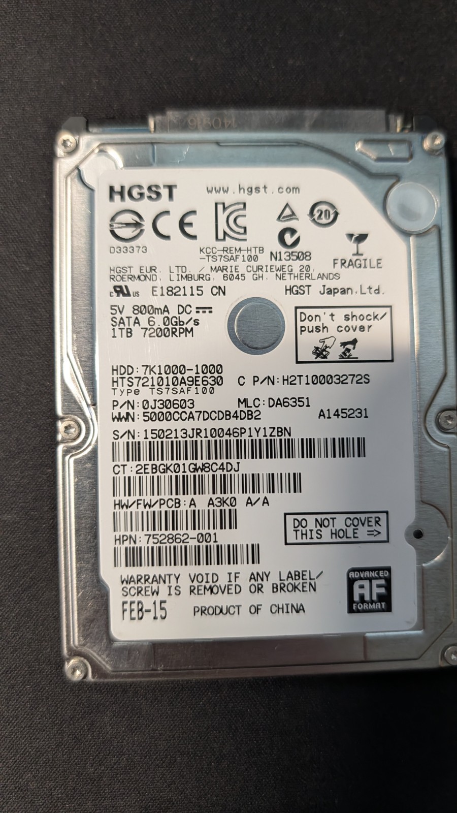 HGST Hitachi HTS721010A9E630 1TB HDD: 7K1000-1000 P/N: 0J30603 MLC: DA6351 6.0Gb