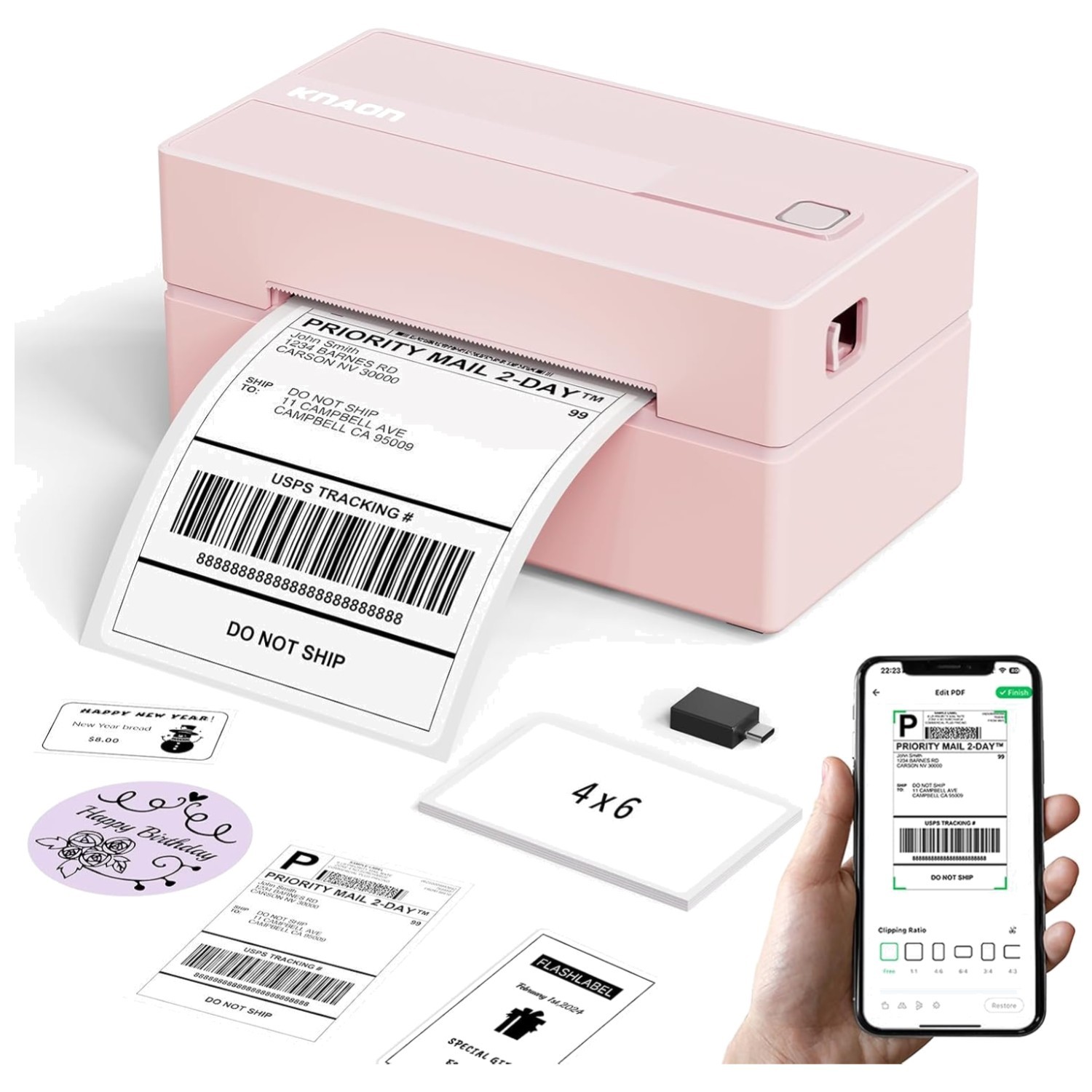 Compact Bluetooth Label Printer - Pink, 4x6 Shipping Labels
