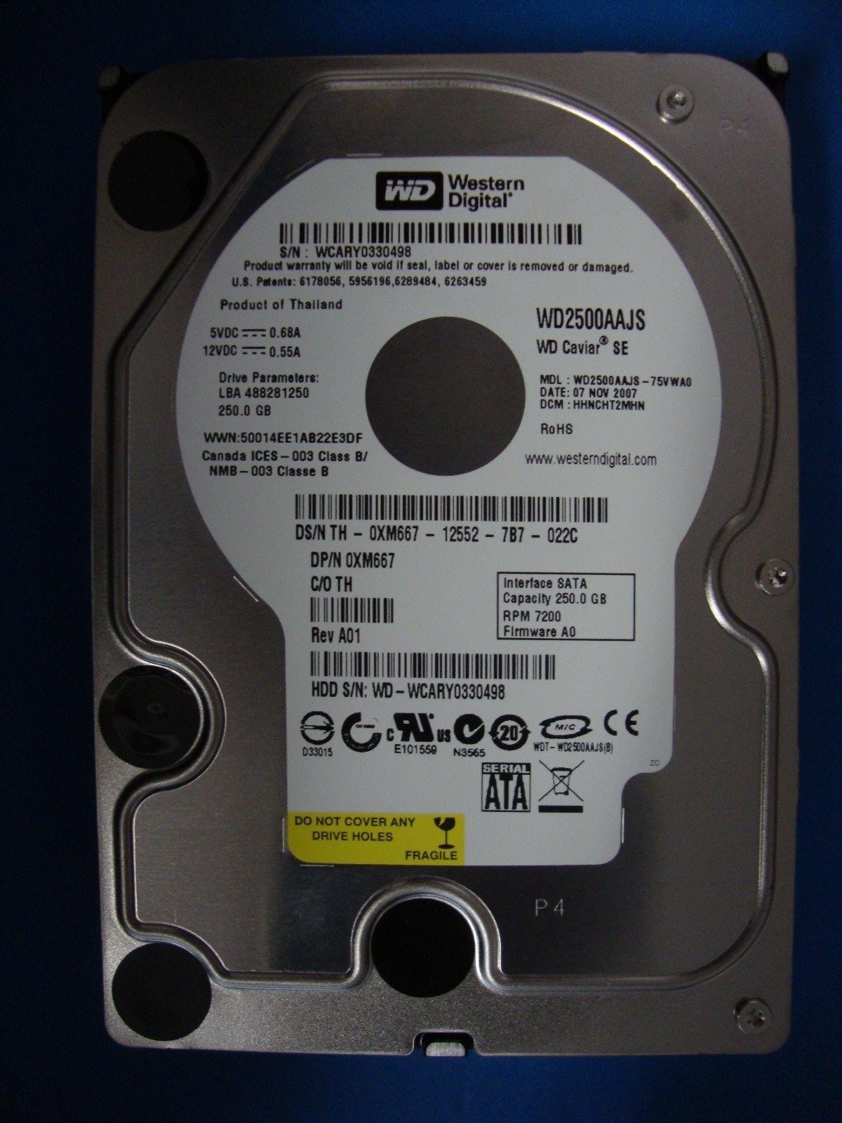 Western Digital 250GB SATA Hard Drive WD2500AAJS-75VWA0 DCM: HHNCHT2MHN    