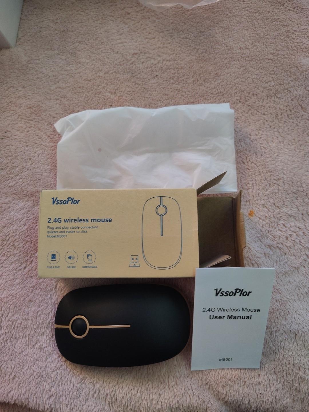 Vssoplor 2.4G Slim Portable Optical Wireless Mouse Black and Gold MS001 @c8