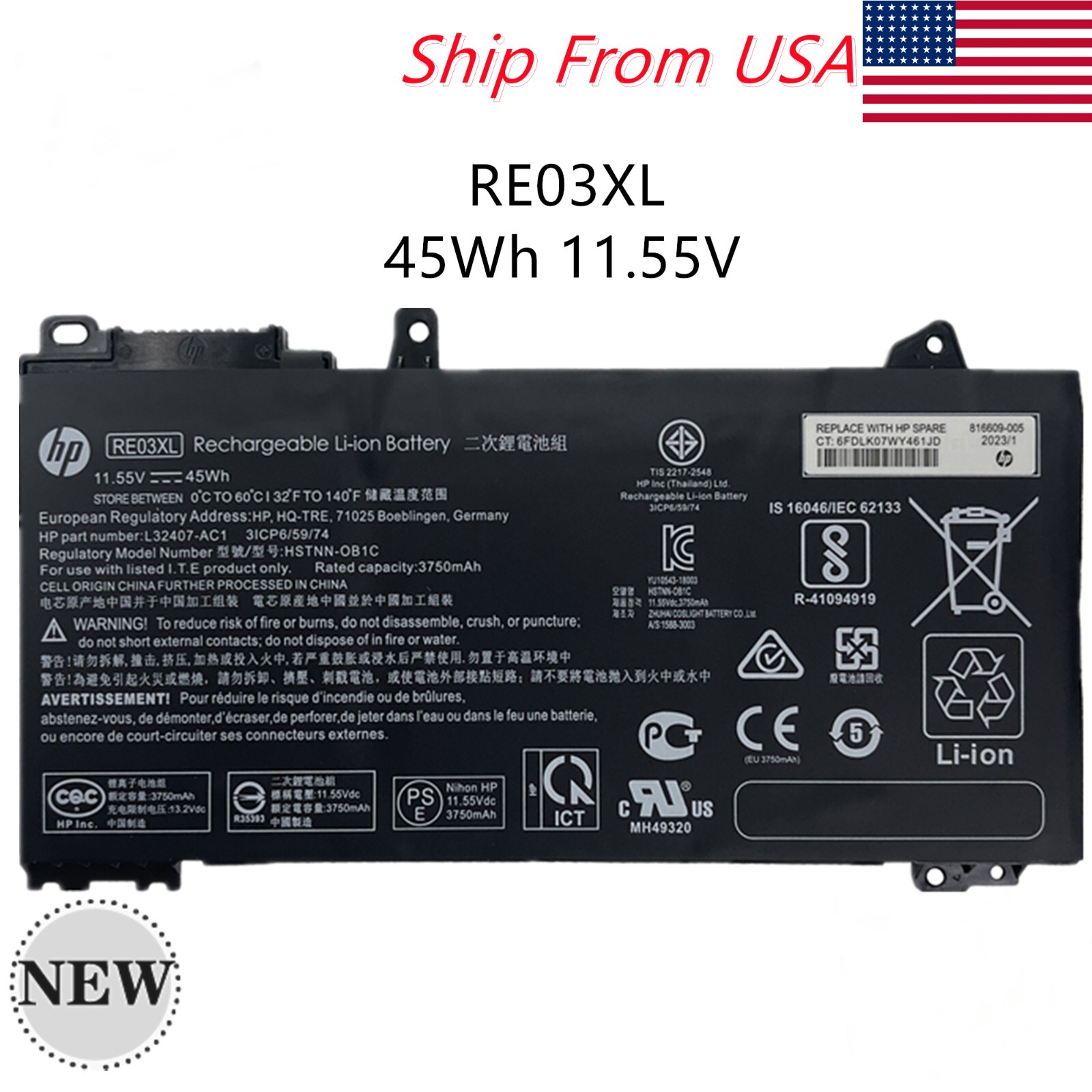 Genuine RE03XL Battery For HP ProBook 430 440 450 455R G6 L32656-002 L32407-2B1