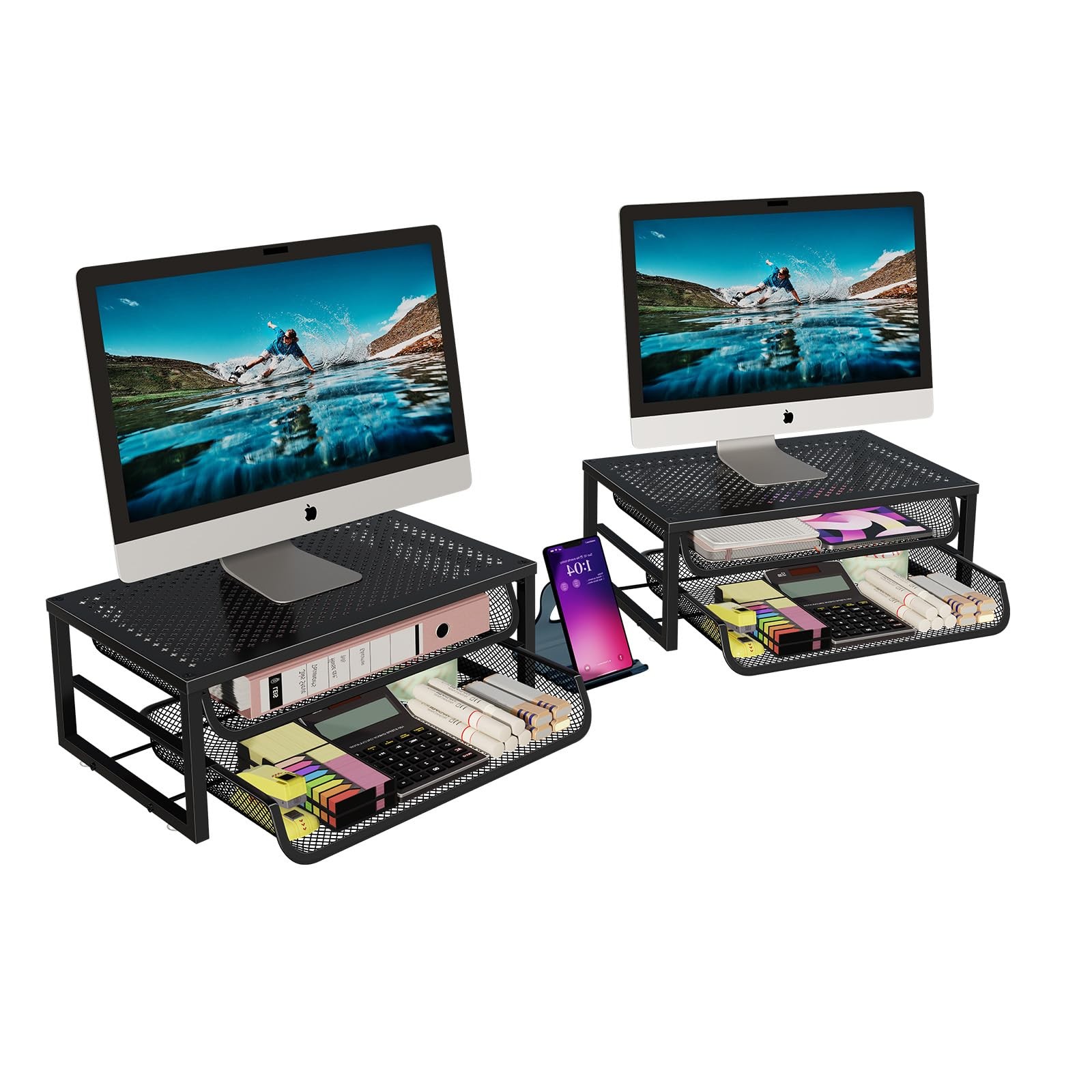 Ekisemio 2-Pack 2-Tier Monitor Stand Riser with Drawer, Metal Computer Black