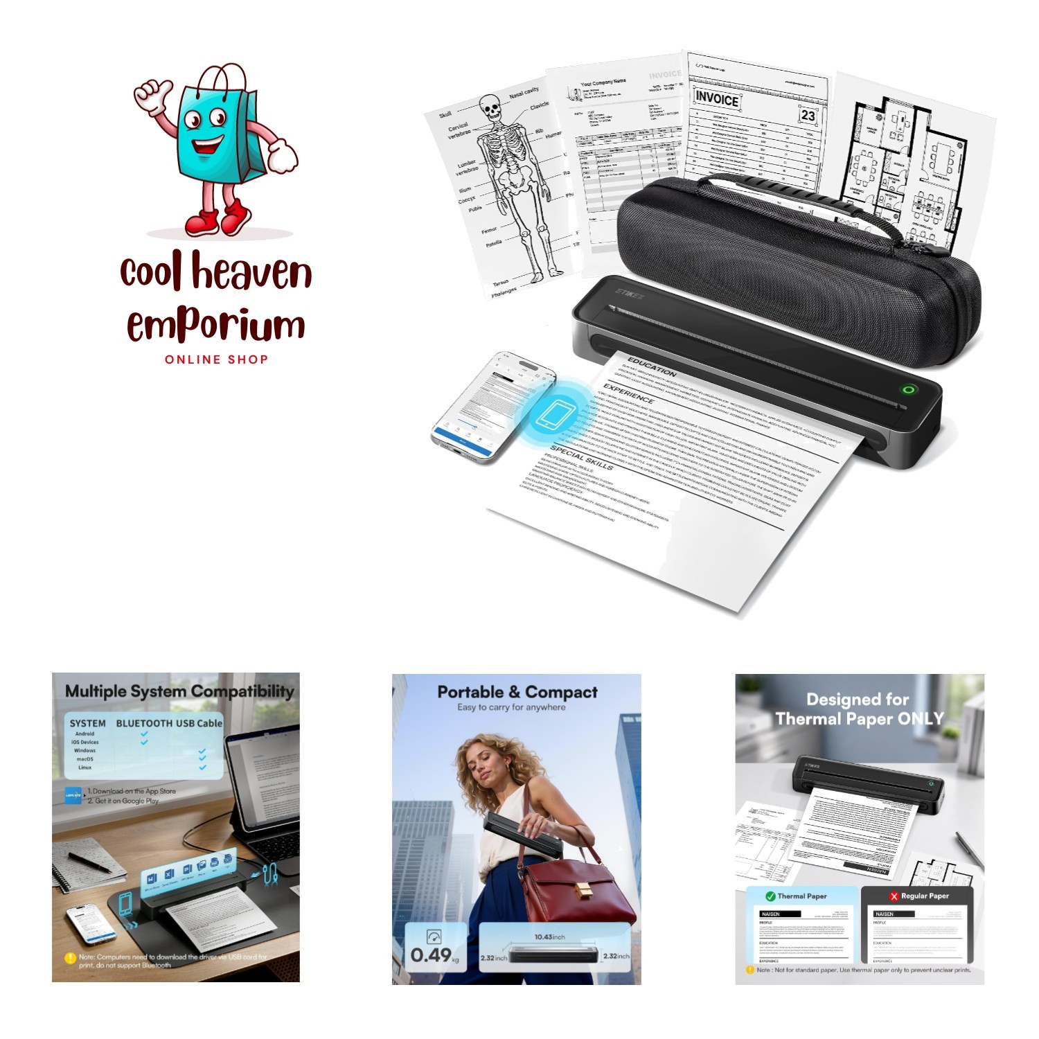 Compact Inkless Bluetooth Printer - D90E Portable 8.5'' x 11'' with Carry Case