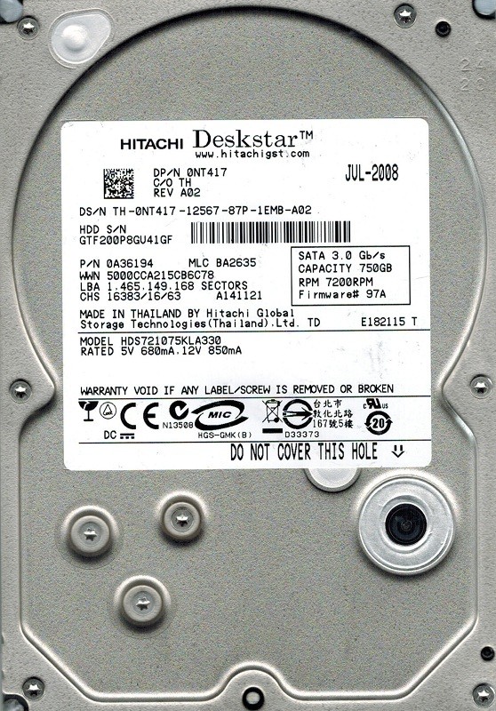Hitachi HDS721075KLA330 MLC: BA2635 P/N: 0A36194 750GB