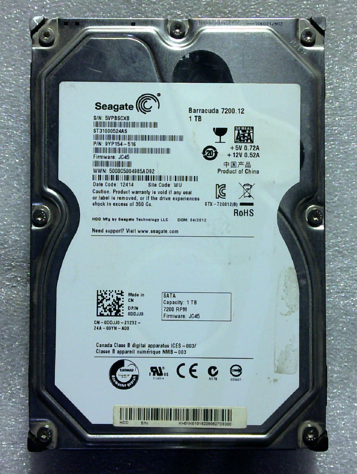 Seagate F3 - ST31000524AS - 1TB - 9YP154-516 - 58 01 - SN: 5VPBSCXB