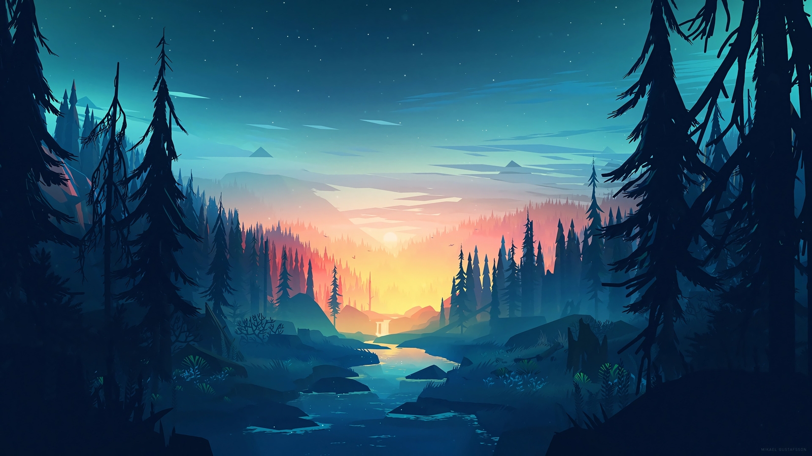 Landscape sunset river forest mikael gustafsson mkb Custom Gaming Mat Desk