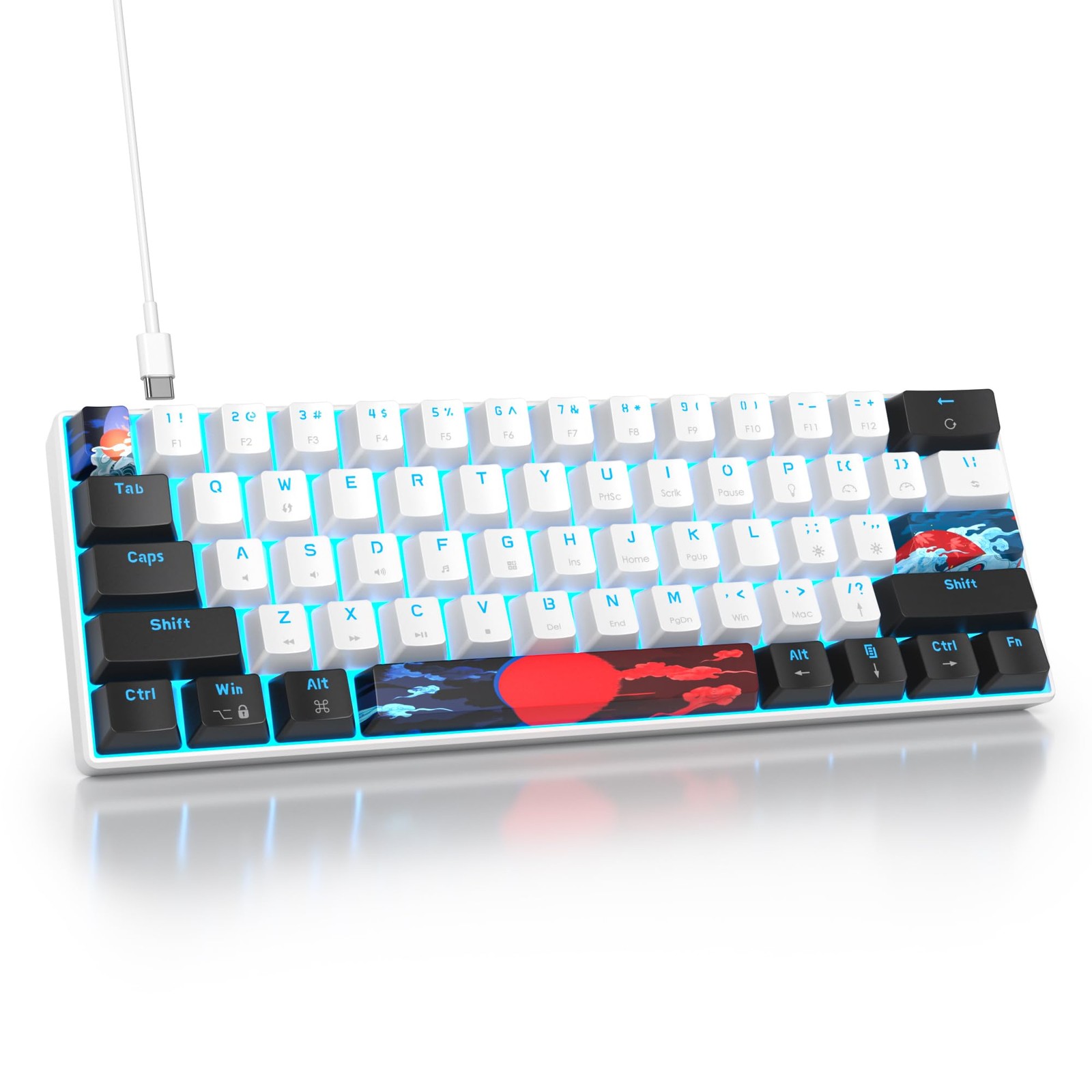 White & Ice Blue 61Key 60% Wired Mechanical Gaming Keyboard Red Switch
