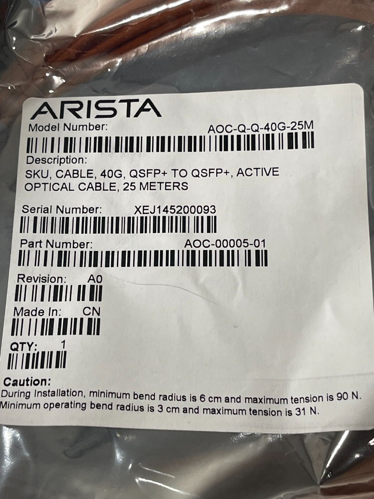 Arista AOC-Q-Q-40G-25M 40GbE Ethernet  QSFP+ Active Optical Cable  New Sealed
